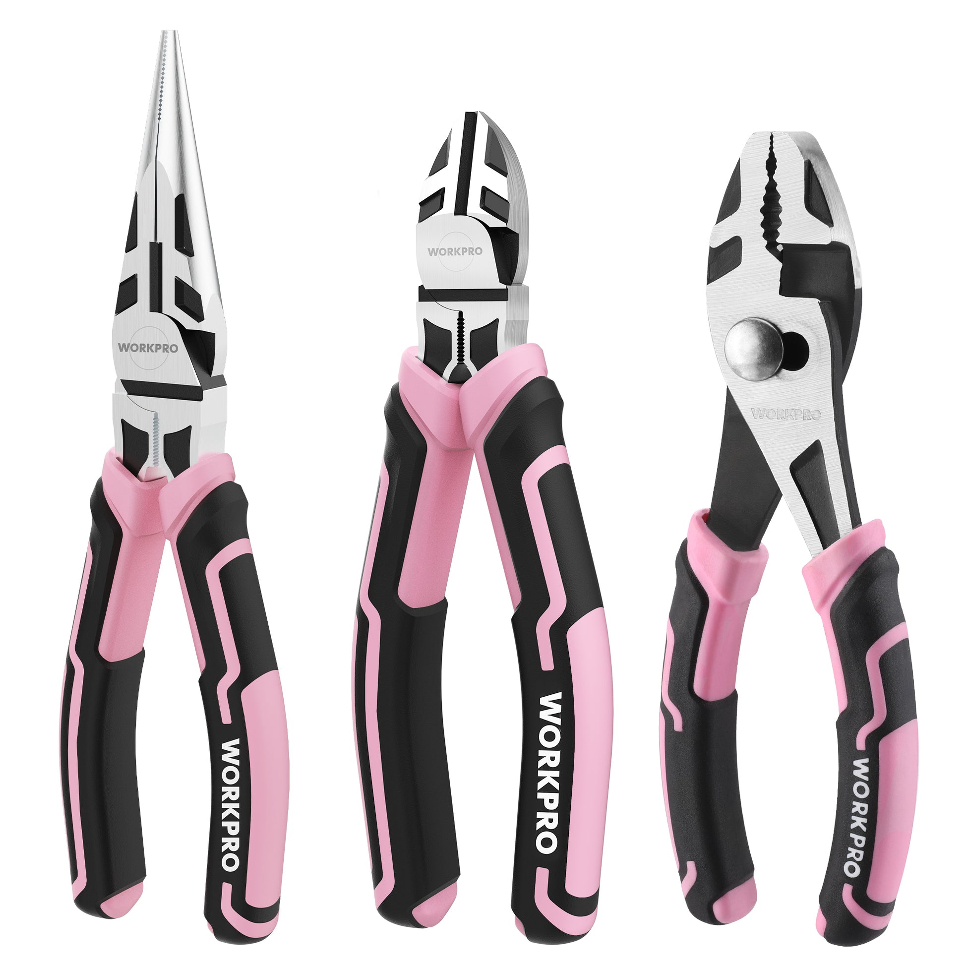 Three-piece pink and black hand tool pliers set with needle-nose, diagonal, and slip-joint