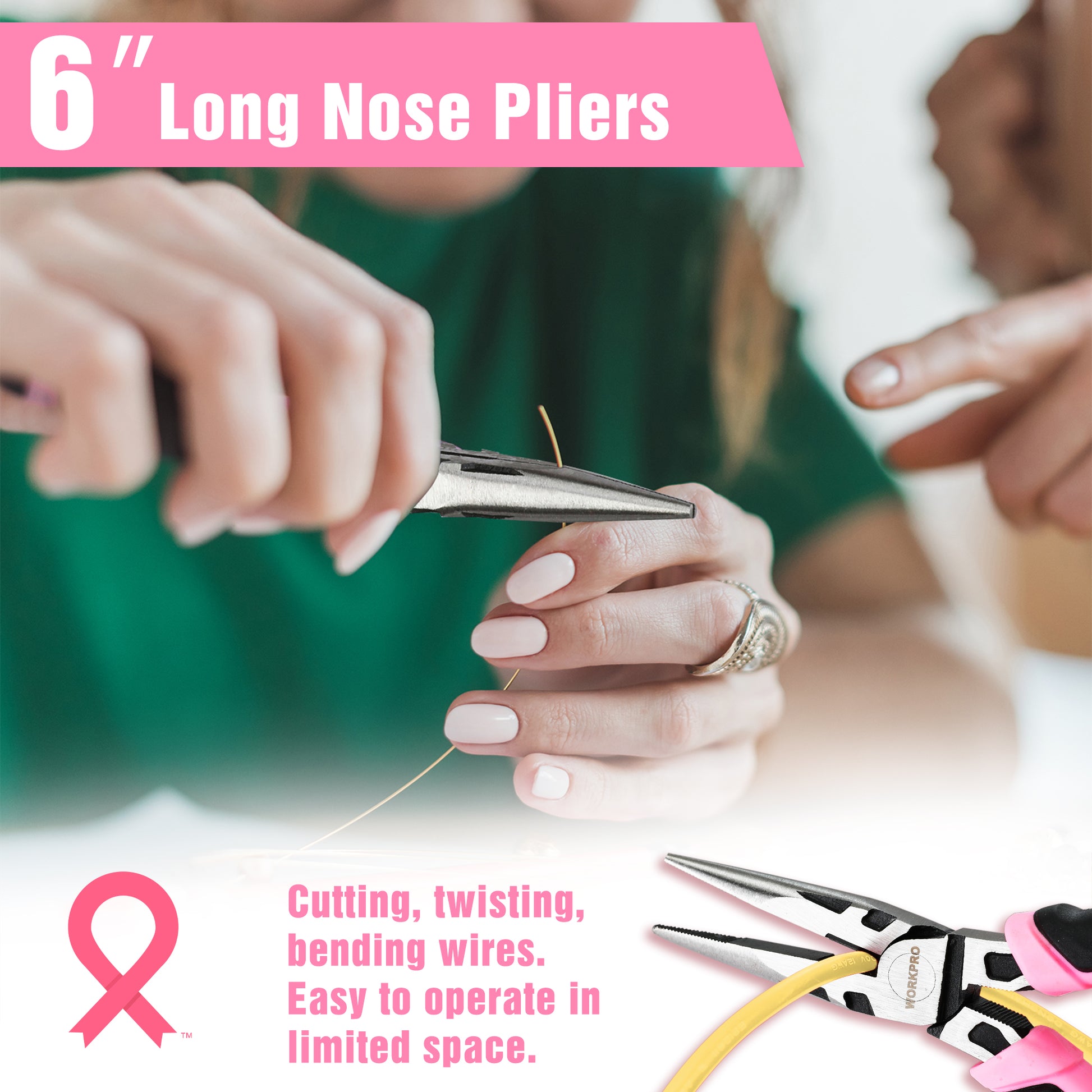 Long nose pliers with pink-and-black handle cutting thin wire