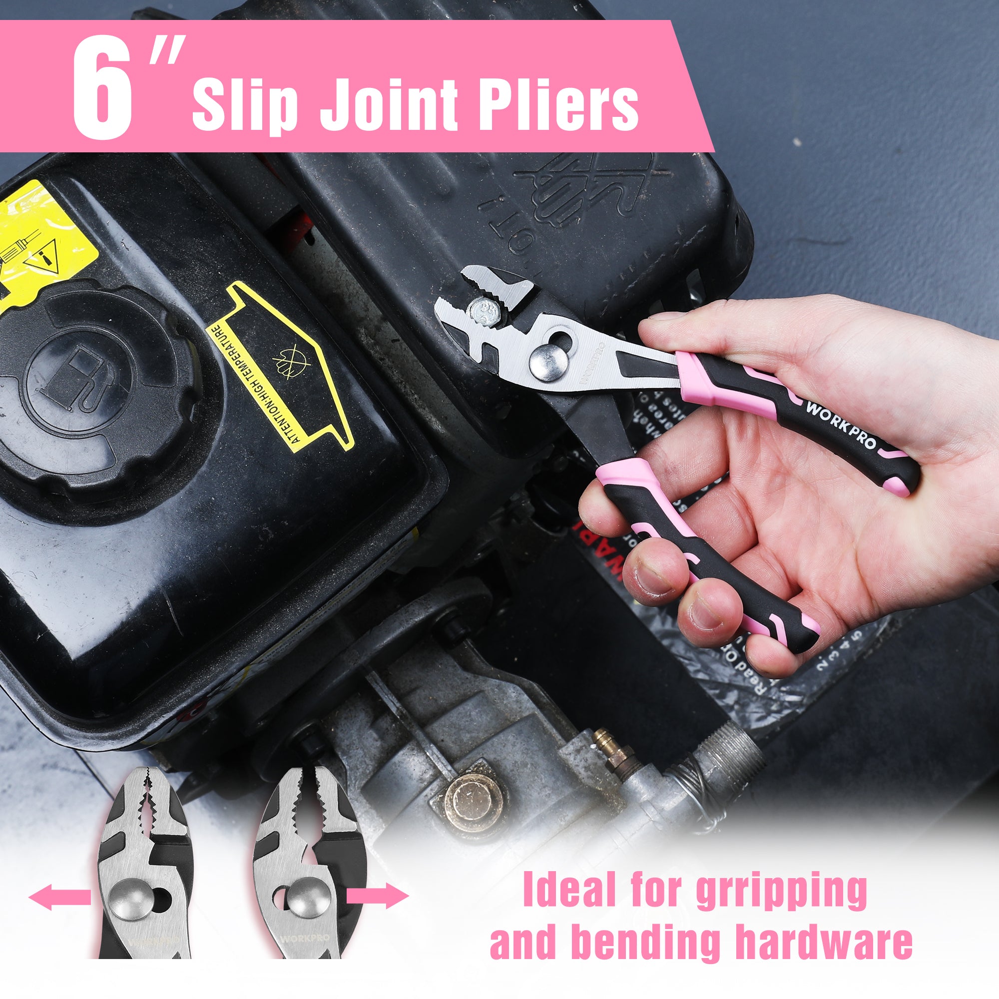Slip joint pliers with pink-and-black handle gripping and adjusting small hardware