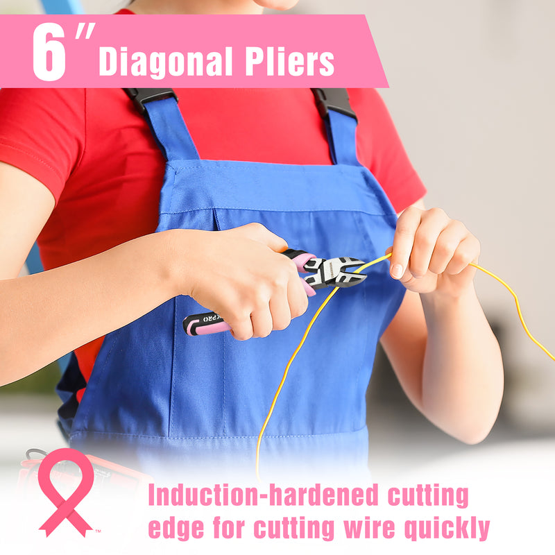 WORKPRO 3-Piece Pliers Set, Including Needle Nose Pliers, Diagonal Cutting Pliers, and Slip Joint Pliers - Pink Ribbon