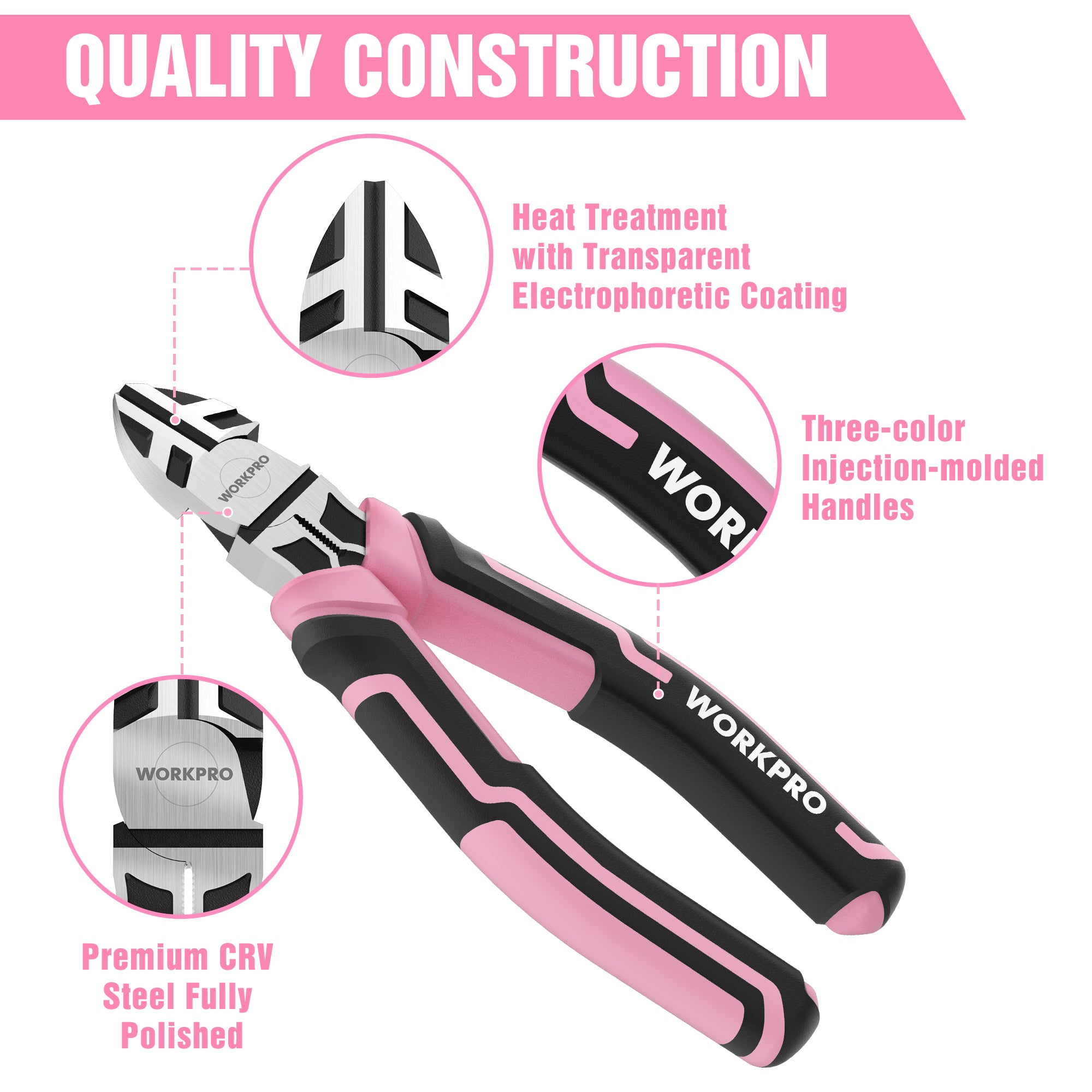Pink-and-black pliers with black jaws and three-color injection-molded handles