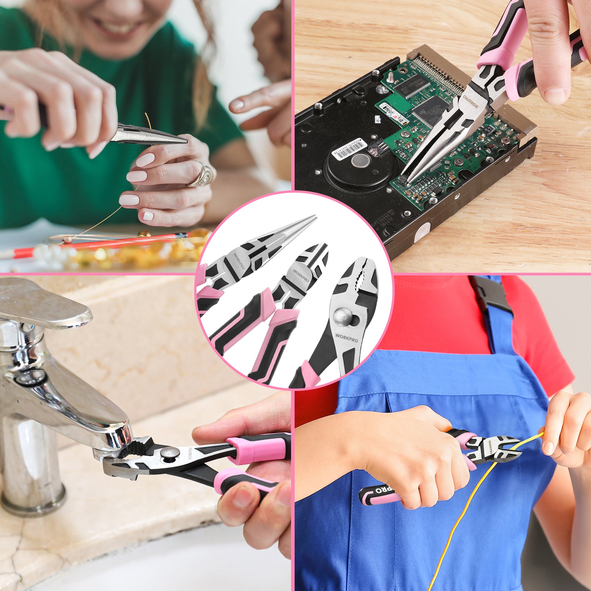 Pink-and-black pliers in hand for gripping wire and small metal parts, close-up jaws