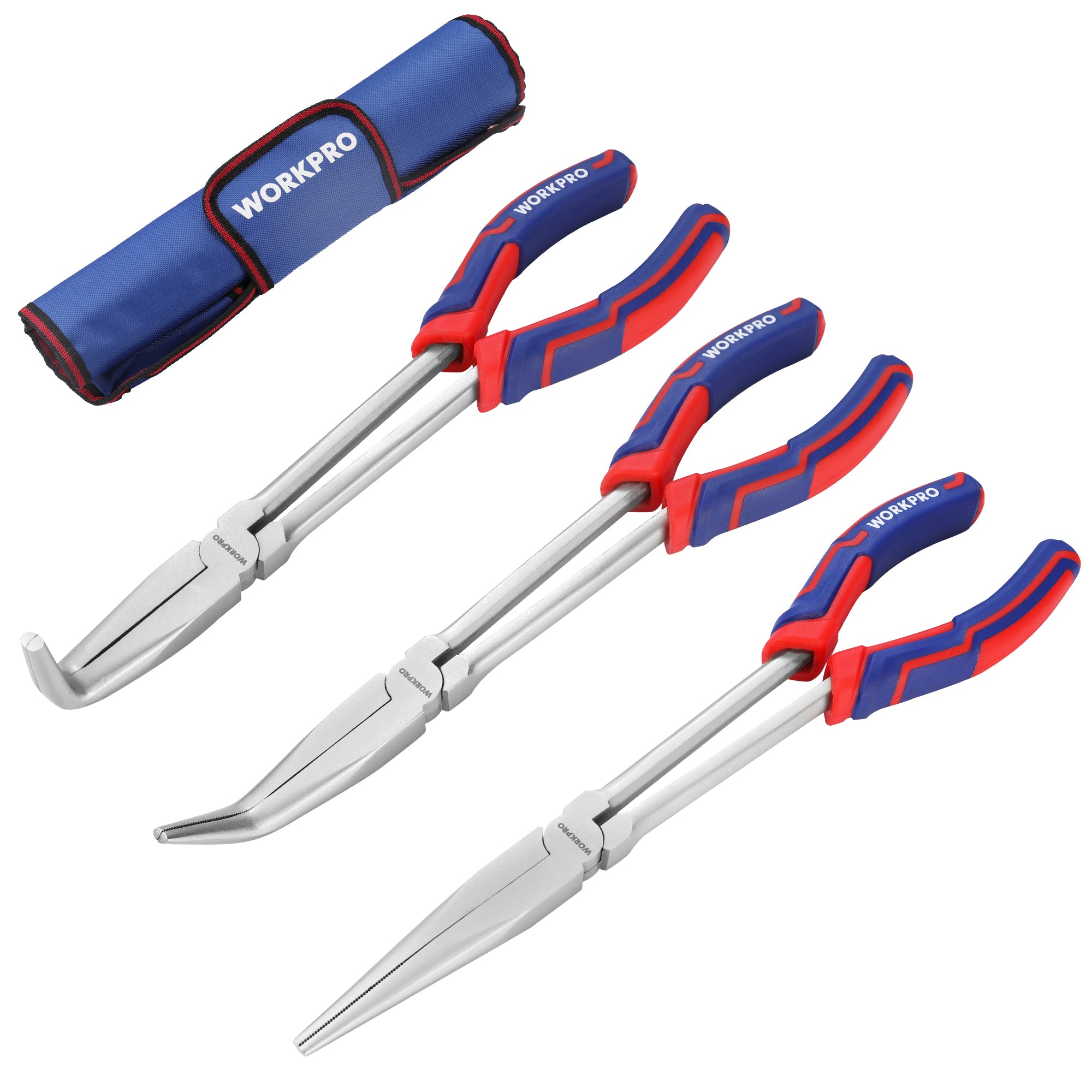 WORKPRO 3PC long reach needle nose pliers set in blue and red with innovation, quality, secure grip