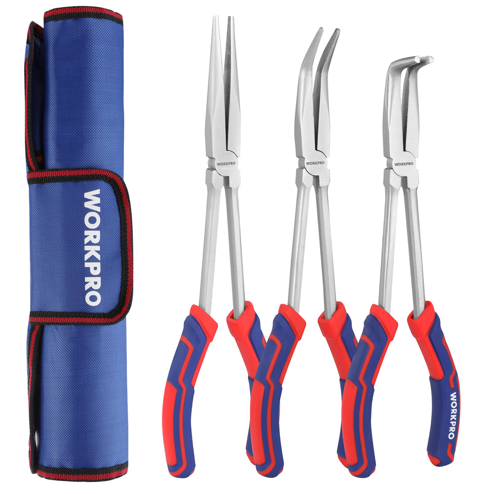 WORKPRO 3PC long reach pliers set in blue and red with secure insulated grips, innovation quality durable