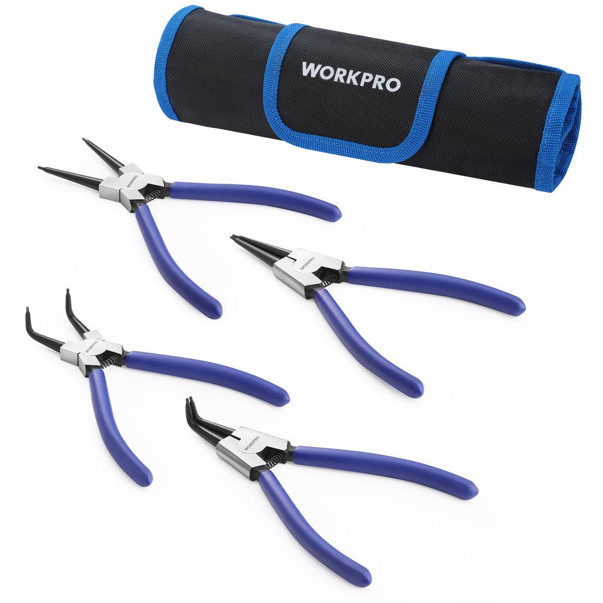 WORKPRO 4-Piece Snap Ring Pliers Set - Heavy Duty 7-inch Internal/External Circlip Pliers Kit (Tip Diameter 5/64'')-Straight/Bent Jaw - Cr-V Steel - For Ring Remover Retaining- Storage Pouch Included