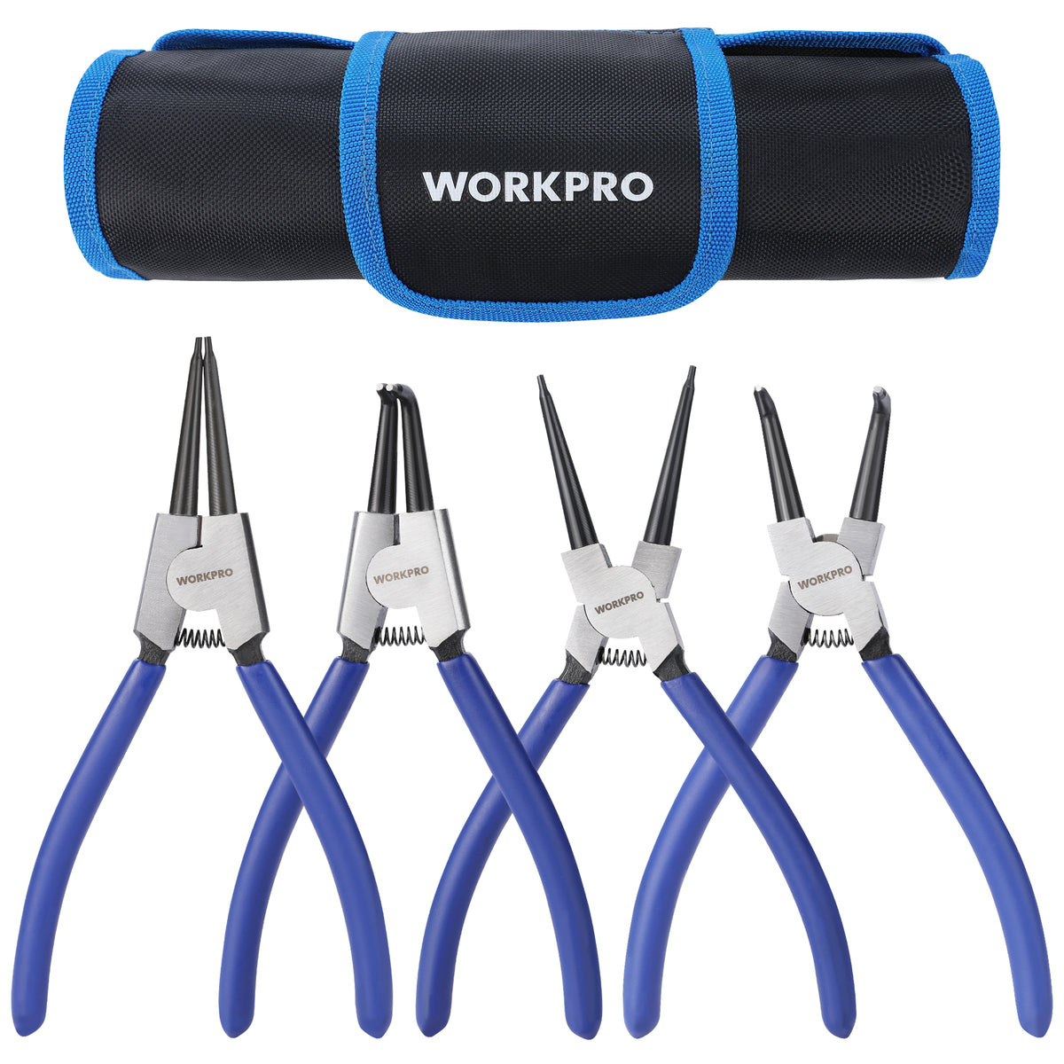 WORKPRO 4-Piece Snap Ring Pliers Set - Heavy Duty 7-inch Internal/External Circlip Pliers Kit (Tip Diameter 5/64'')-Straight/Bent Jaw - Cr-V Steel - For Ring Remover Retaining- Storage Pouch Included