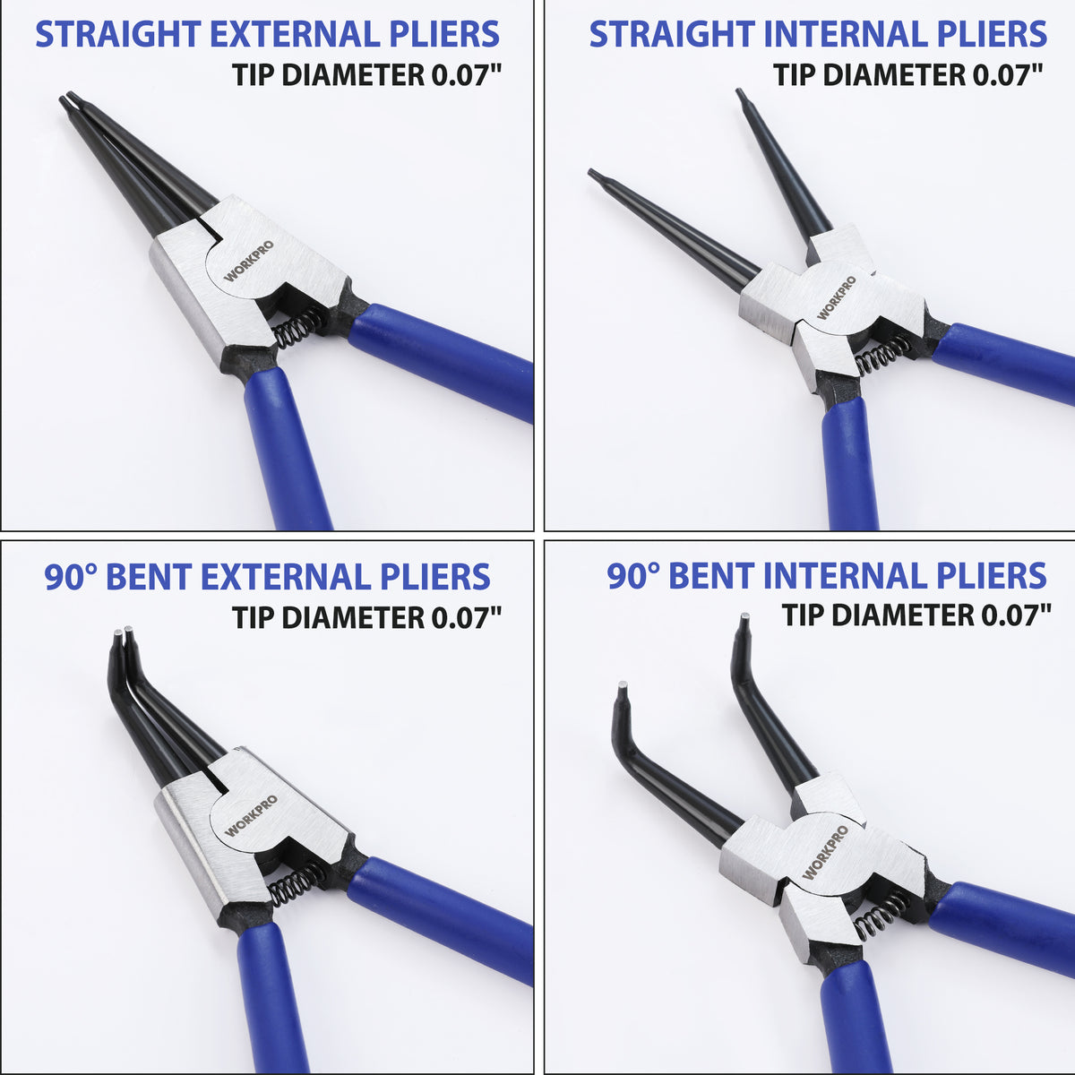 WORKPRO 4-Piece Snap Ring Pliers Set - Heavy Duty 7-inch Internal/External Circlip Pliers Kit (Tip Diameter 5/64'')-Straight/Bent Jaw - Cr-V Steel - For Ring Remover Retaining- Storage Pouch Included