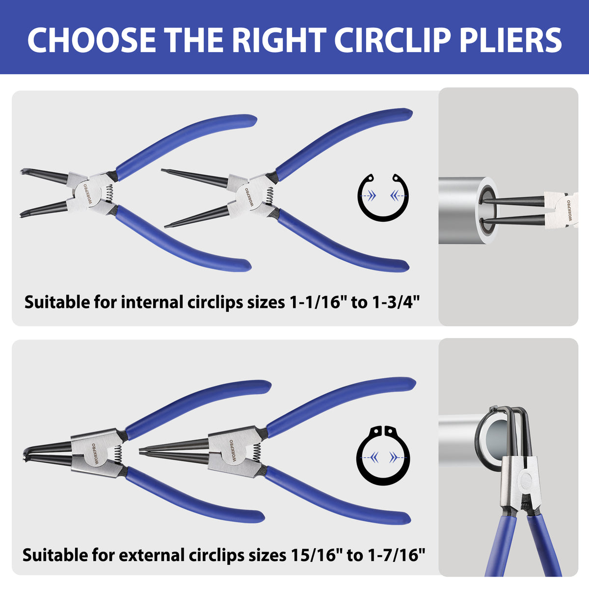 WORKPRO 4-Piece Snap Ring Pliers Set - Heavy Duty 7-inch Internal/External Circlip Pliers Kit (Tip Diameter 5/64'')-Straight/Bent Jaw - Cr-V Steel - For Ring Remover Retaining- Storage Pouch Included