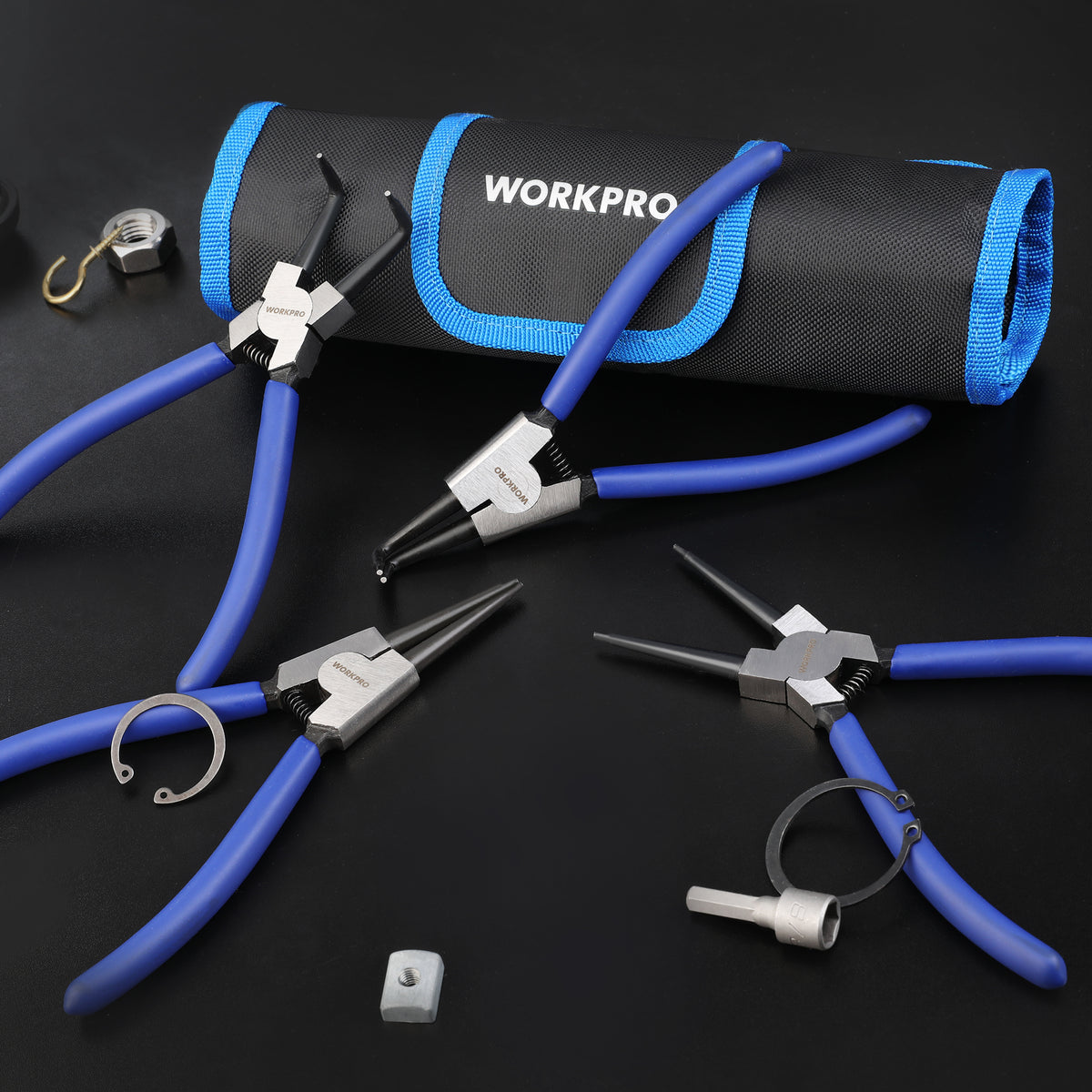 WORKPRO 4-Piece Snap Ring Pliers Set - Heavy Duty 7-inch Internal/External Circlip Pliers Kit (Tip Diameter 5/64'')-Straight/Bent Jaw - Cr-V Steel - For Ring Remover Retaining- Storage Pouch Included