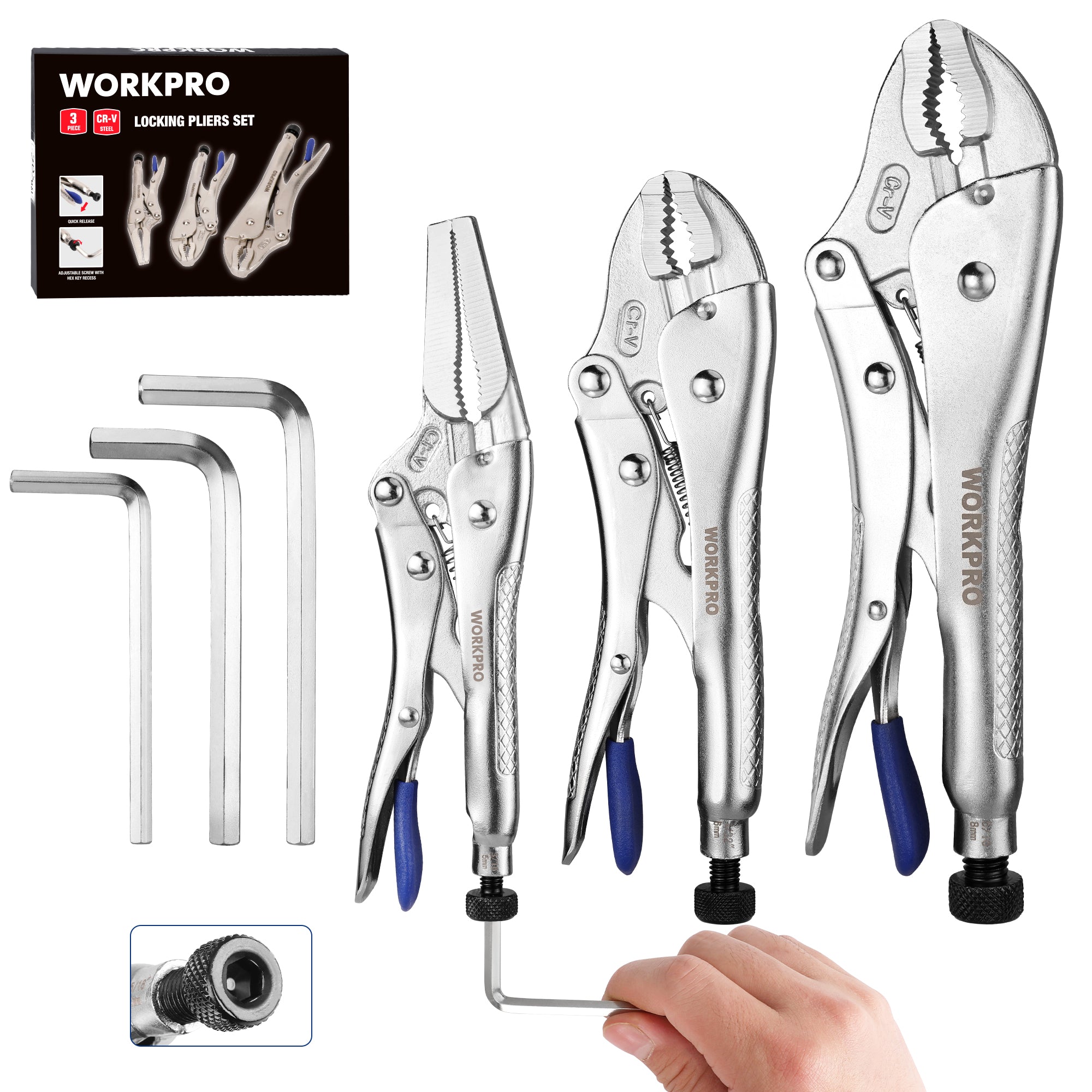 WORKPRO 3-Piece Locking Pliers Set with hex key holes, chrome vanadium steel, durable and secure quality