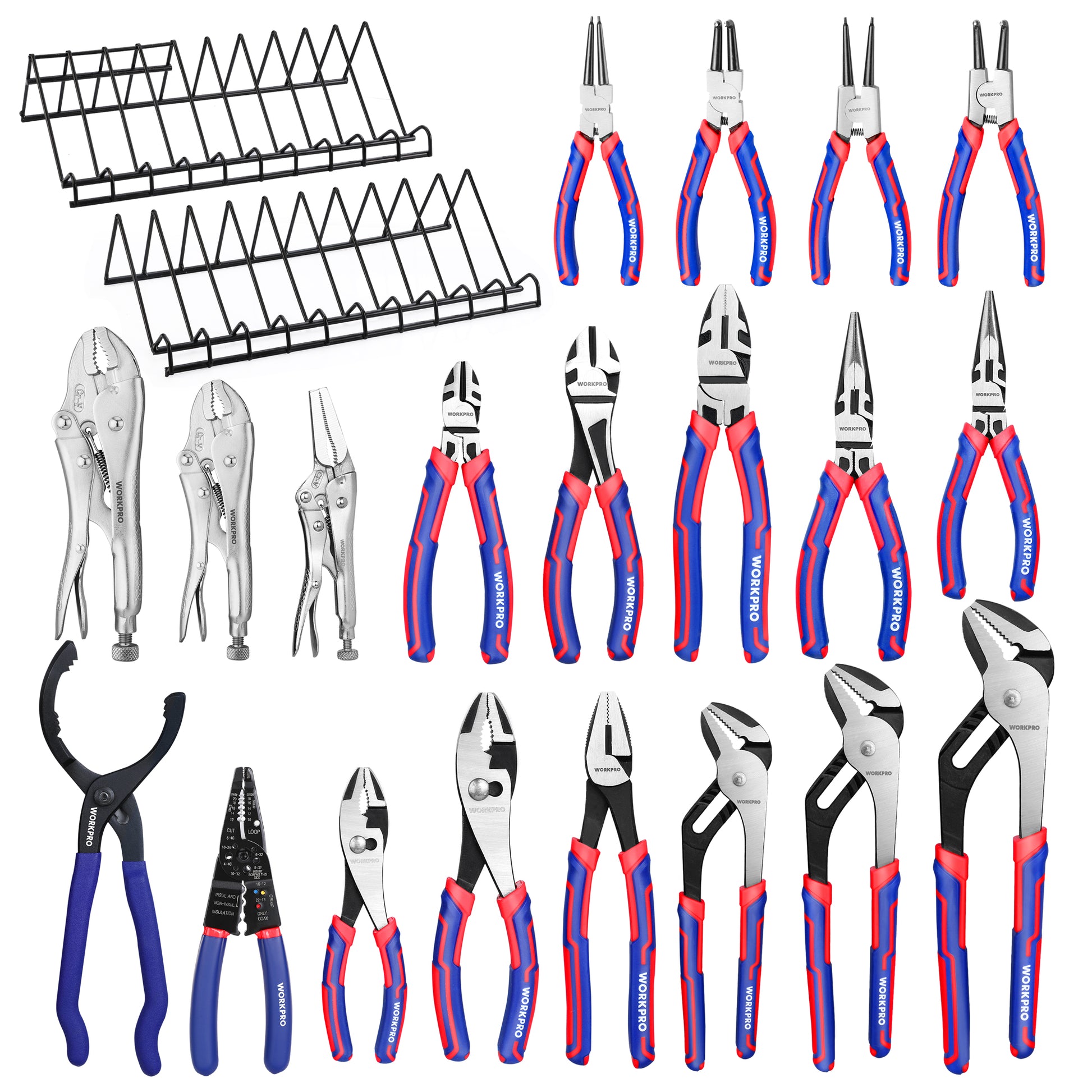 WORKPRO pliers set with innovation, quality and durable steel tools, blue and red handles, with organizer rack