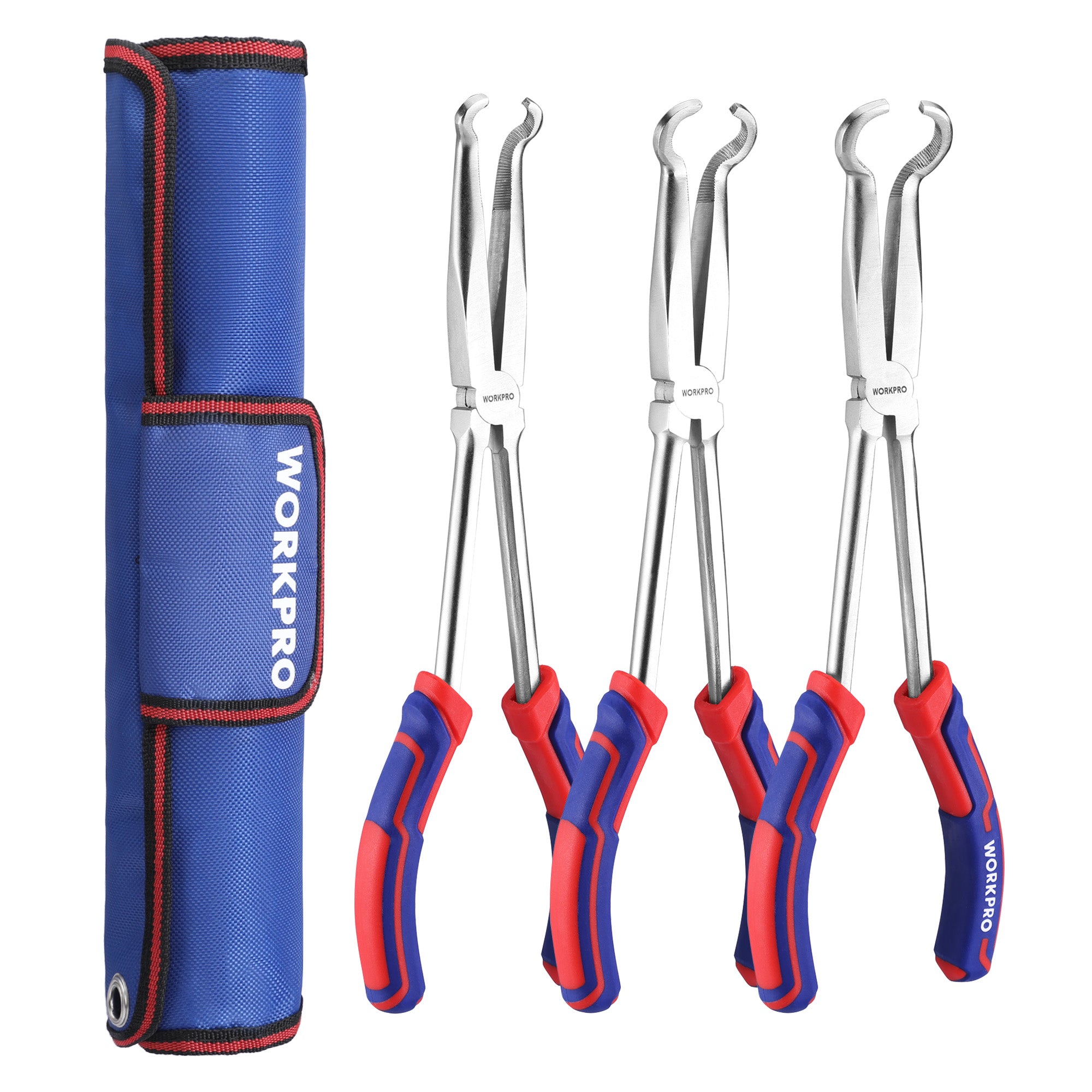 WORKPRO 3 PCS 11" Hose Gripper Plier Set, Long Reach Hose Gripping Pliers, 5/16-Inch, 1/2-Inch, 3/4-Inch Dia, Spark Plug Boot Removal Pliers, Serrated Jaws for Hard to Reach Narrow Spaces