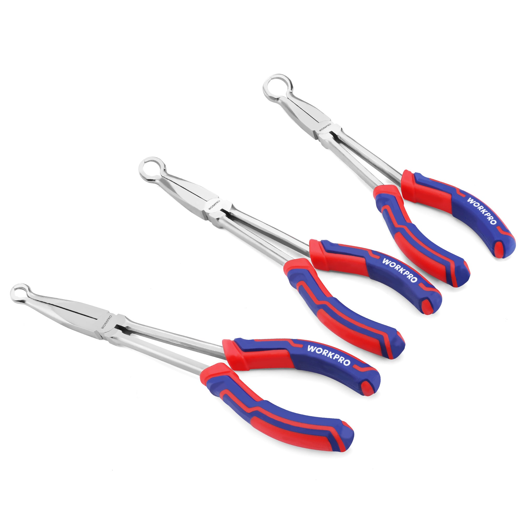 WORKPRO 3 PCS 11" Hose Gripper Plier Set, Long Reach Hose Gripping Pliers, 5/16-Inch, 1/2-Inch, 3/4-Inch Dia, Spark Plug Boot Removal Pliers, Serrated Jaws for Hard to Reach Narrow Spaces