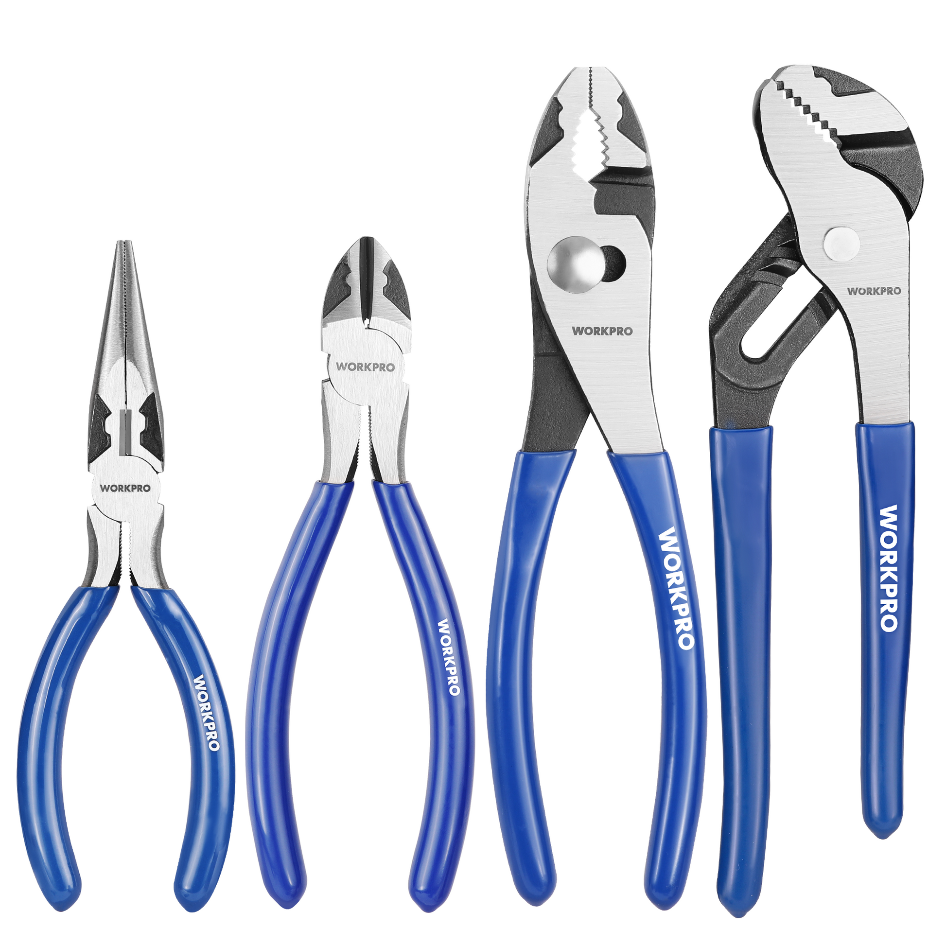 WORKPRO pliers tool kit with four blue soft-grip pliers, including needle nose and diagonal