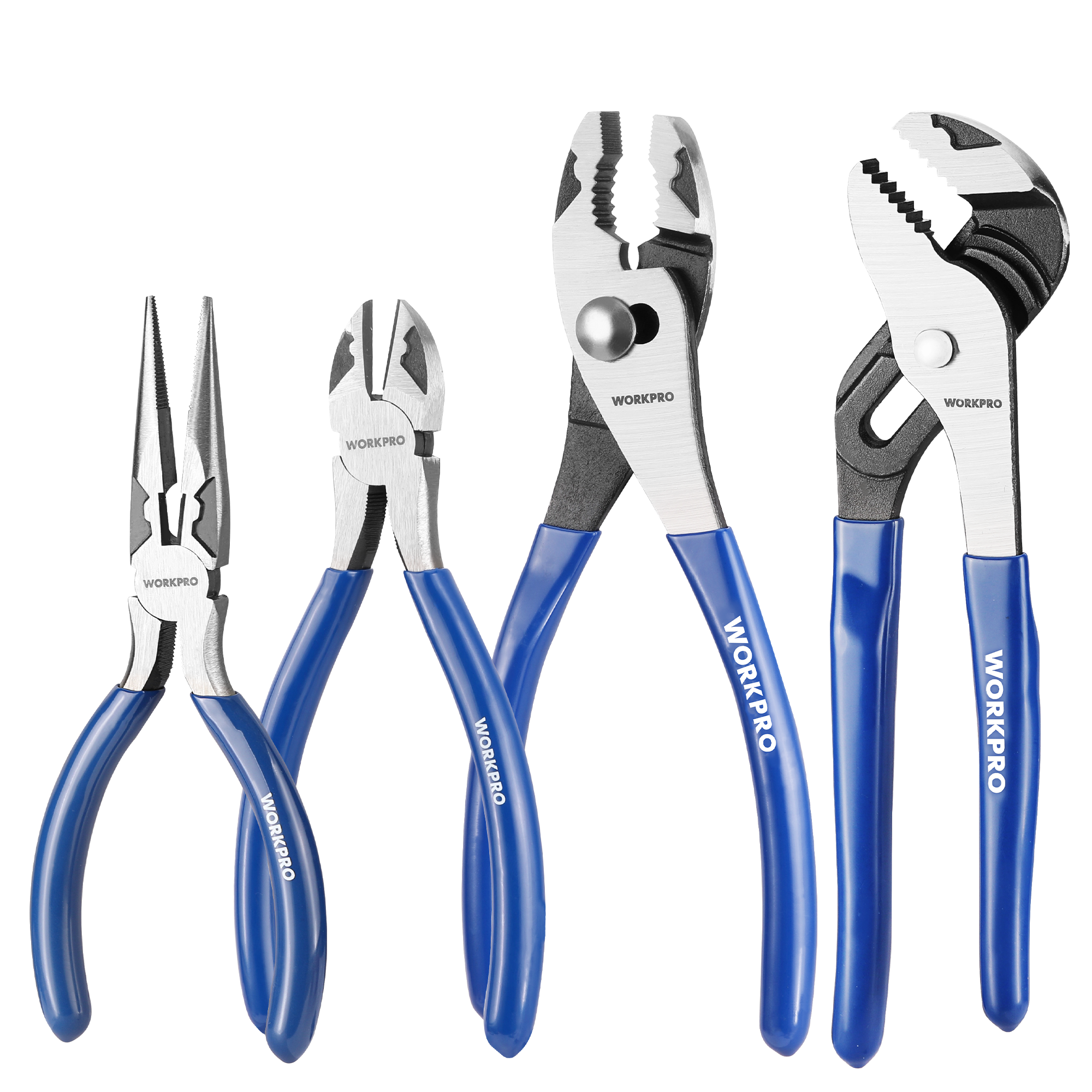 WORKPRO pliers tool kit showing four blue-handled pliers: needle nose, diagonal, slip joint, groove