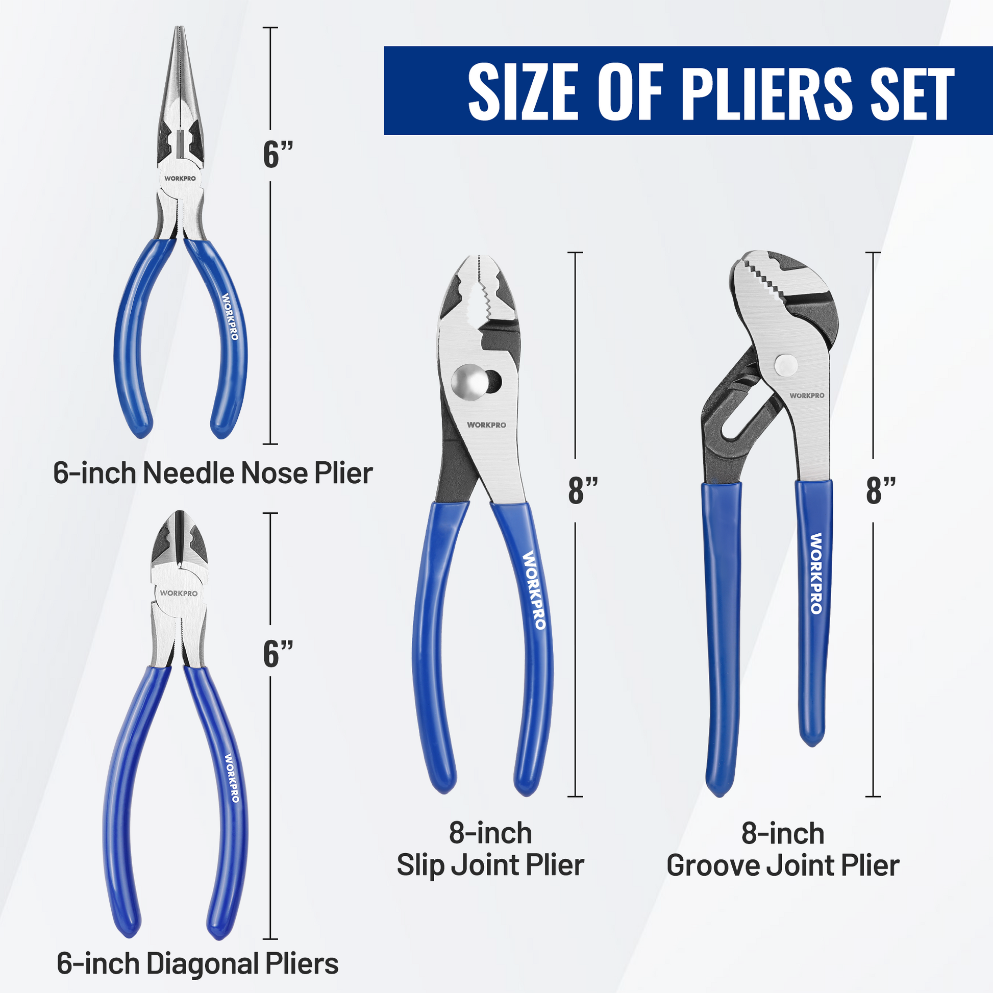 WORKPRO pliers set with 6-inch needle nose and diagonal plus 8-inch slip joint and groove pliers