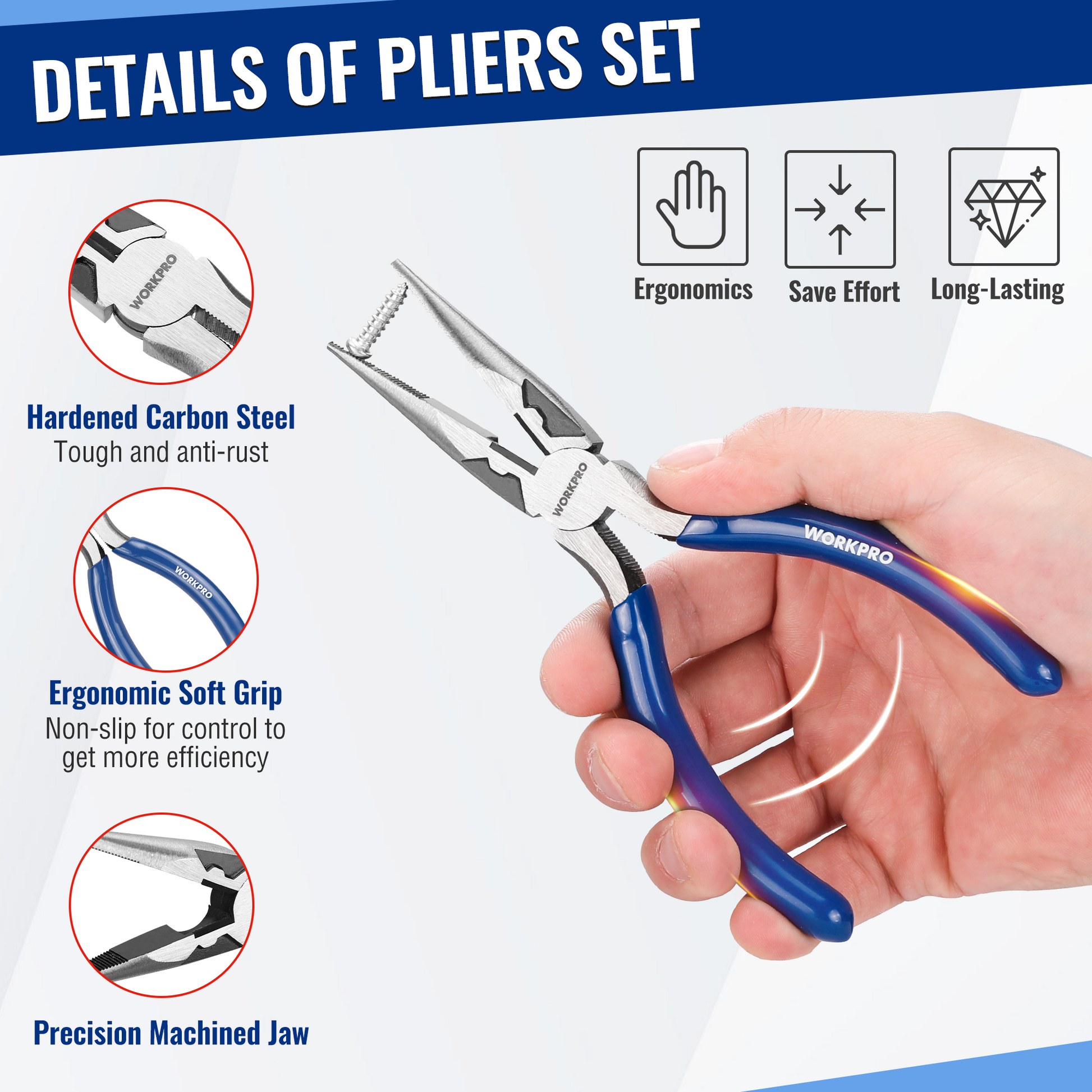 WORKPRO plier with blue ergonomic soft grip and precision machined jaws in hand