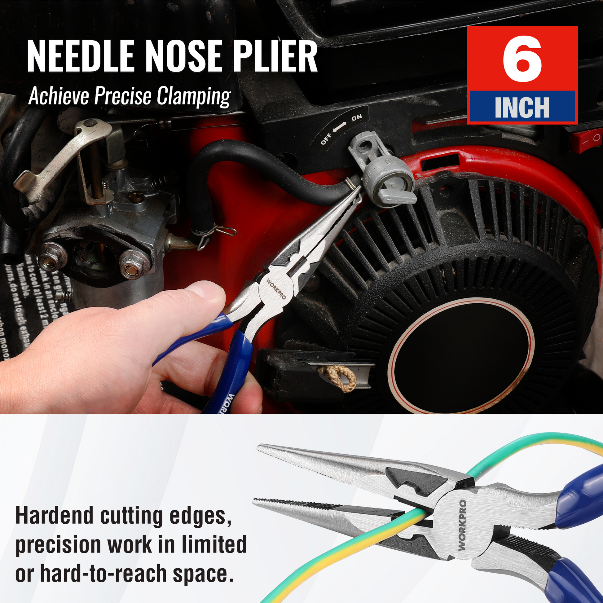 WORKPRO 6-inch needle nose plier with narrow tips and blue soft handles