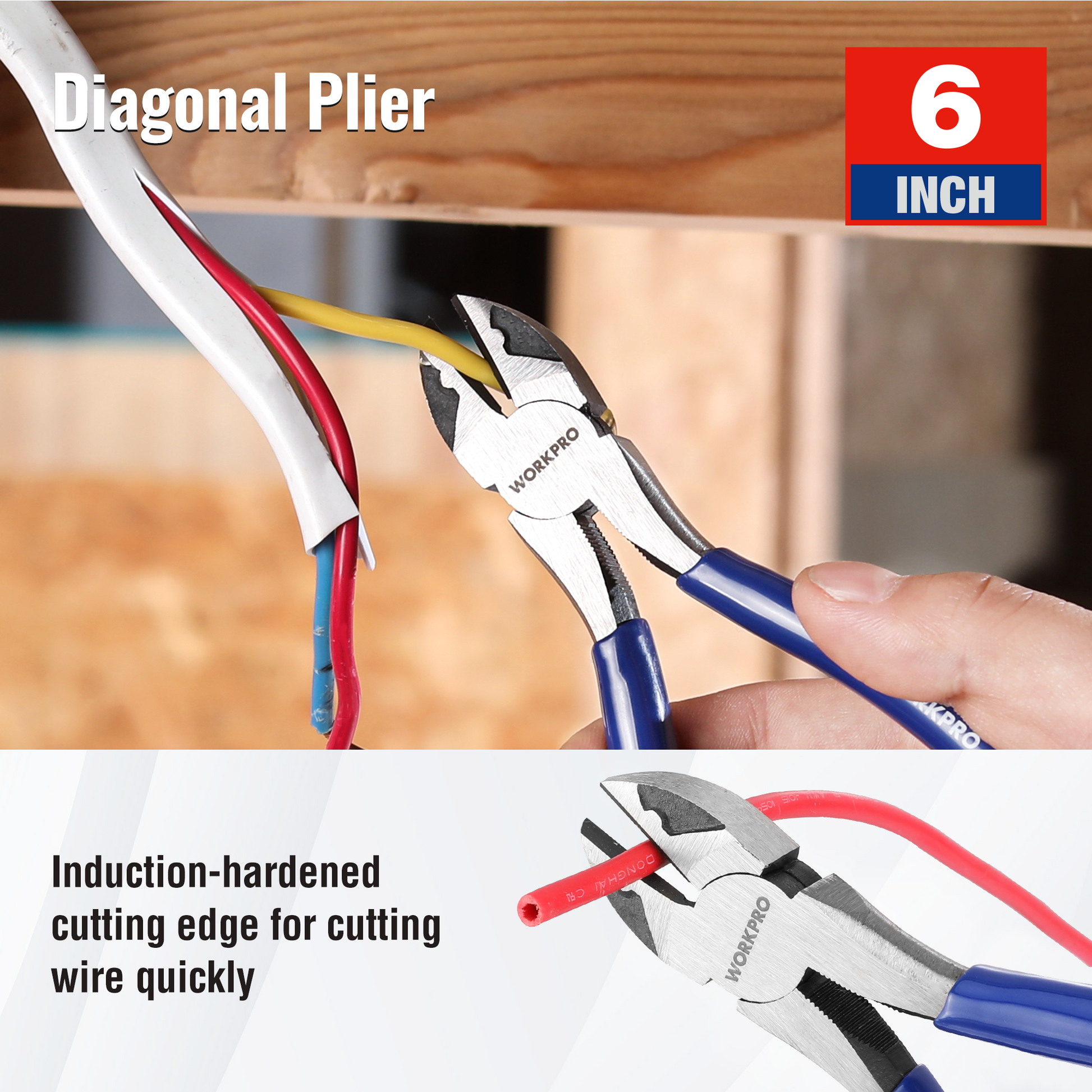 WORKPRO 6-inch diagonal plier cutting wire with blue soft handles