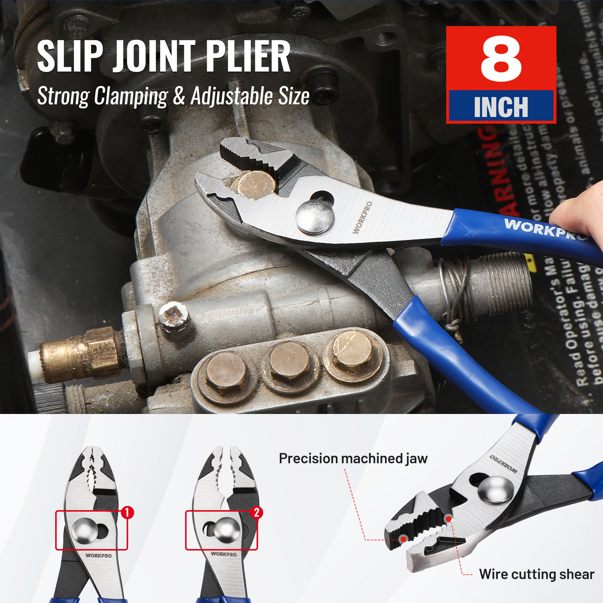WORKPRO 8-inch slip joint plier gripping metal pipe parts with blue soft handles