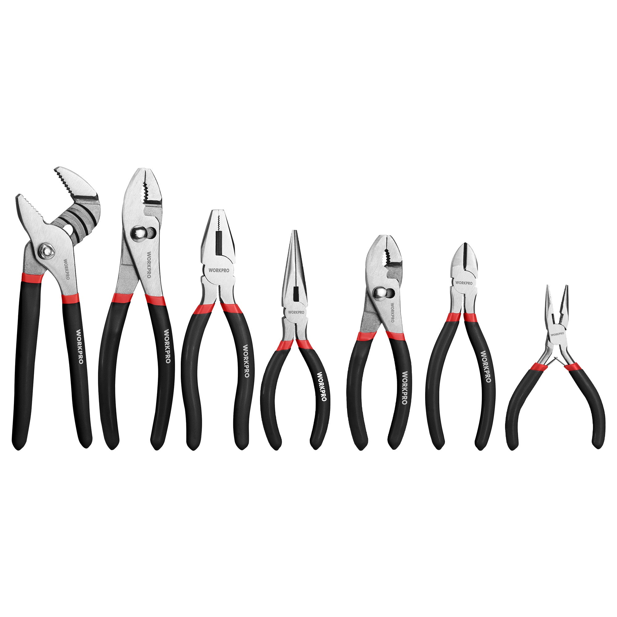 WORKPRO 7-piece pliers set in black and red with durable, secure, ergonomic double grip handles