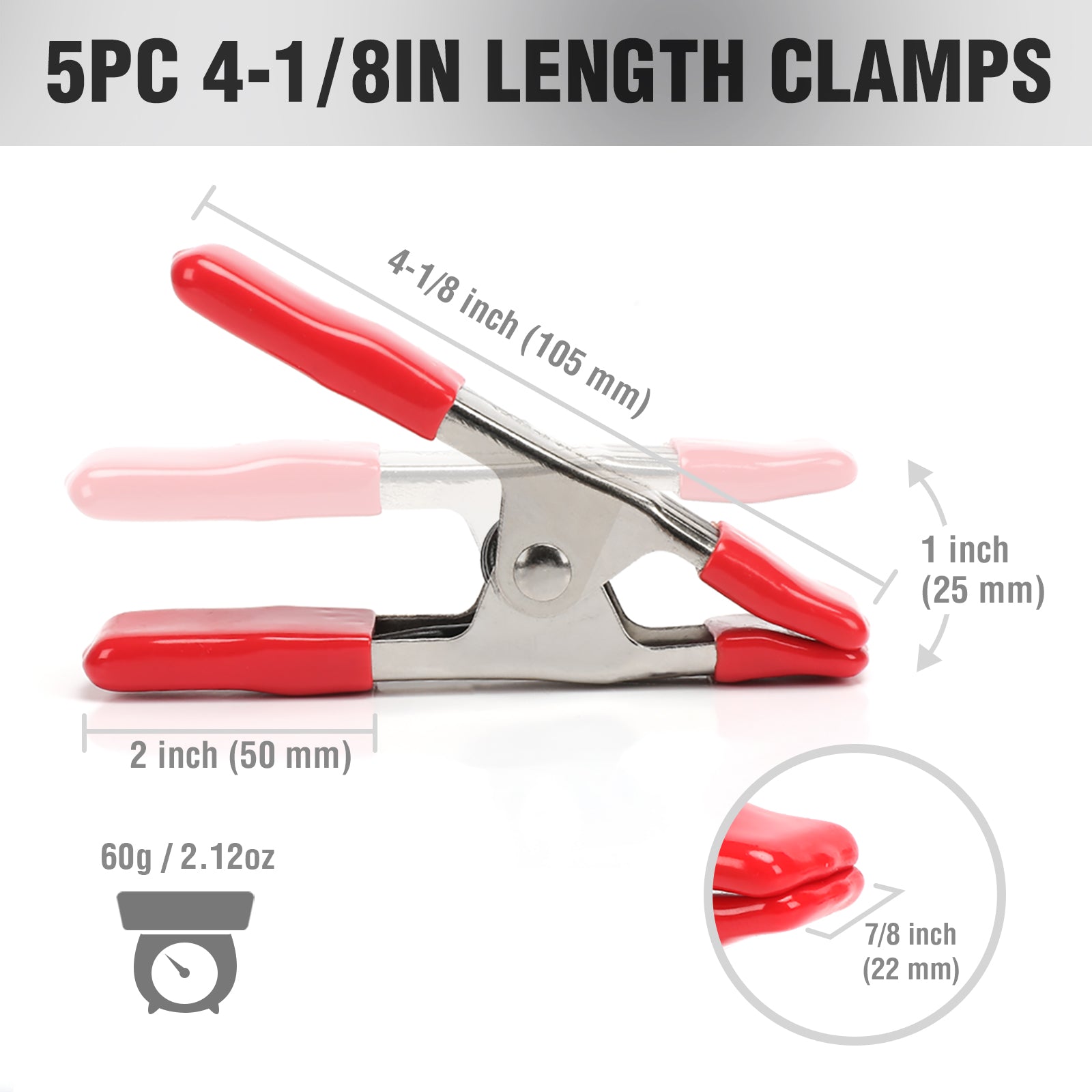 Red-handled 3/4 in and 1 in spring clamp, steel jaws with screw adjuster