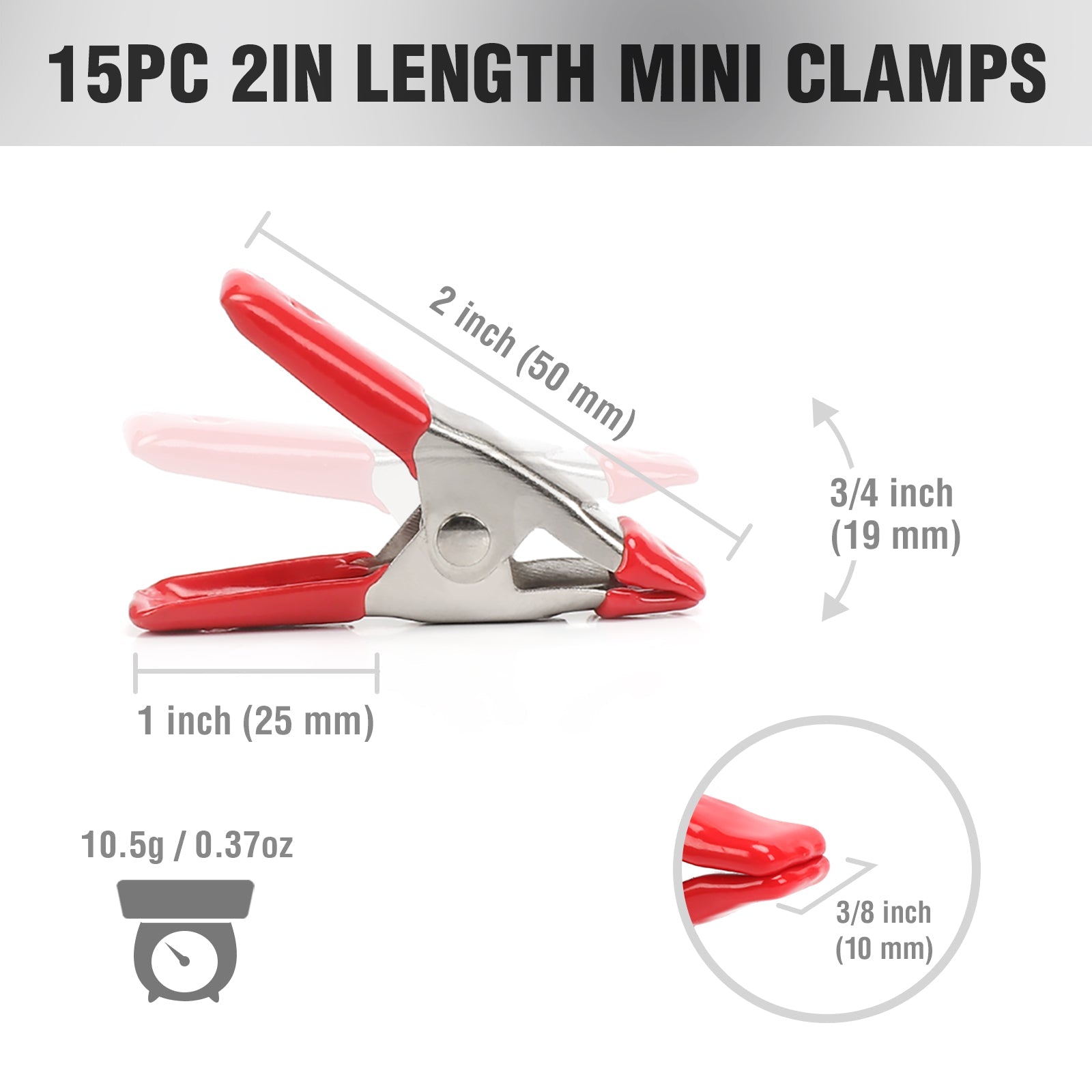 Red and silver 2 in mini spring clamp with compact steel jaw and handle