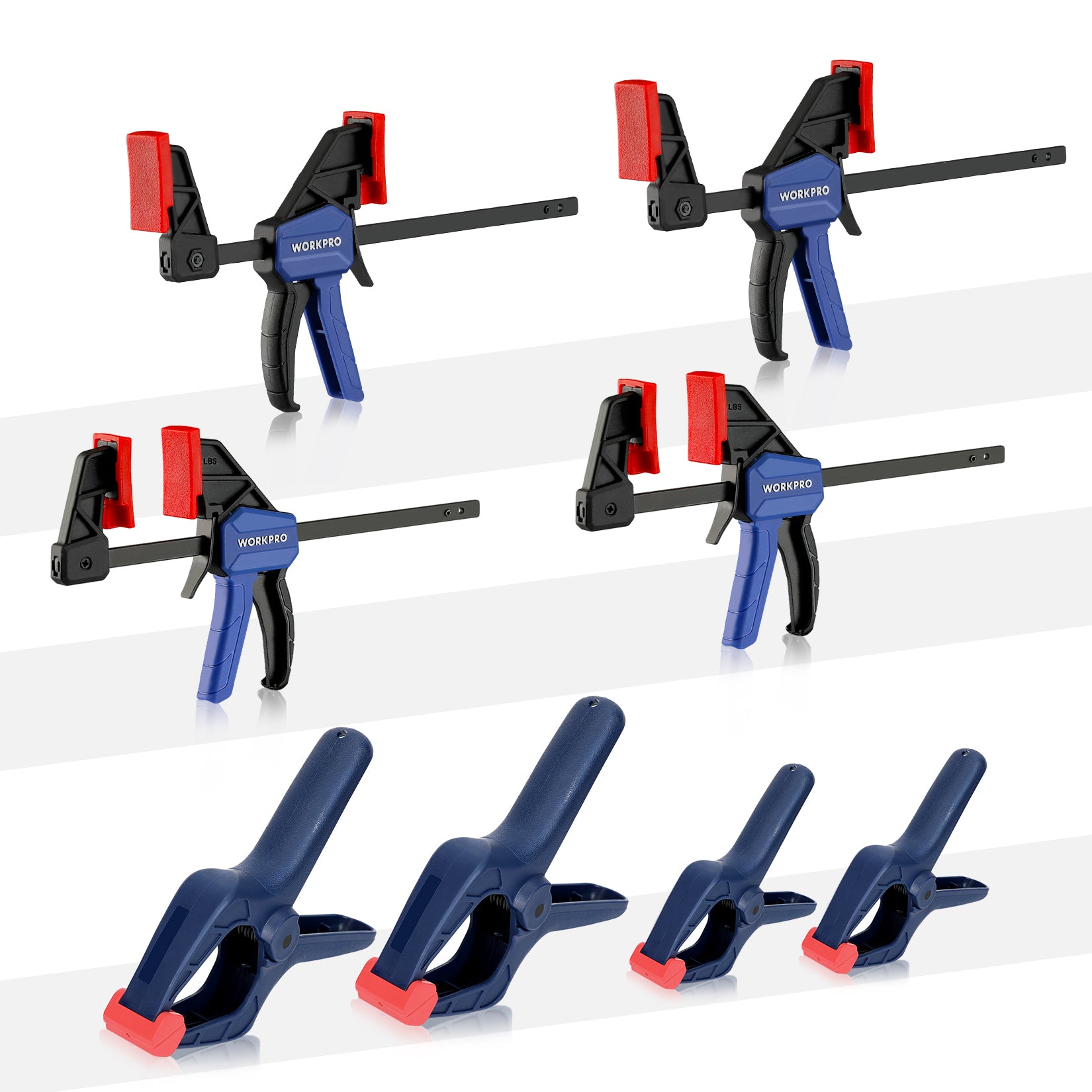 WORKPRO 8 Pcs clamp set for woodworking in blue and red with durable metal clamp jaws, quality innovation