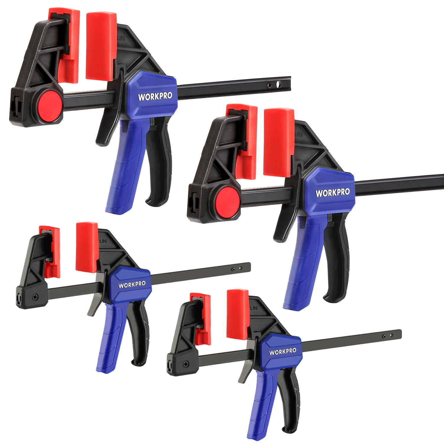 WORKPRO Mini Bar Clamps for Woodworking in blue and red with innovation, quality, secure quick change