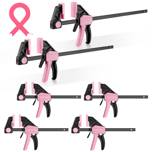 WORKPRO 6-Pack Bar Clamps for Woodworking, 4PC 6" & 2PC 12" Wood Clamp Set with 150 lbs Load Limit - Pink Ribbon