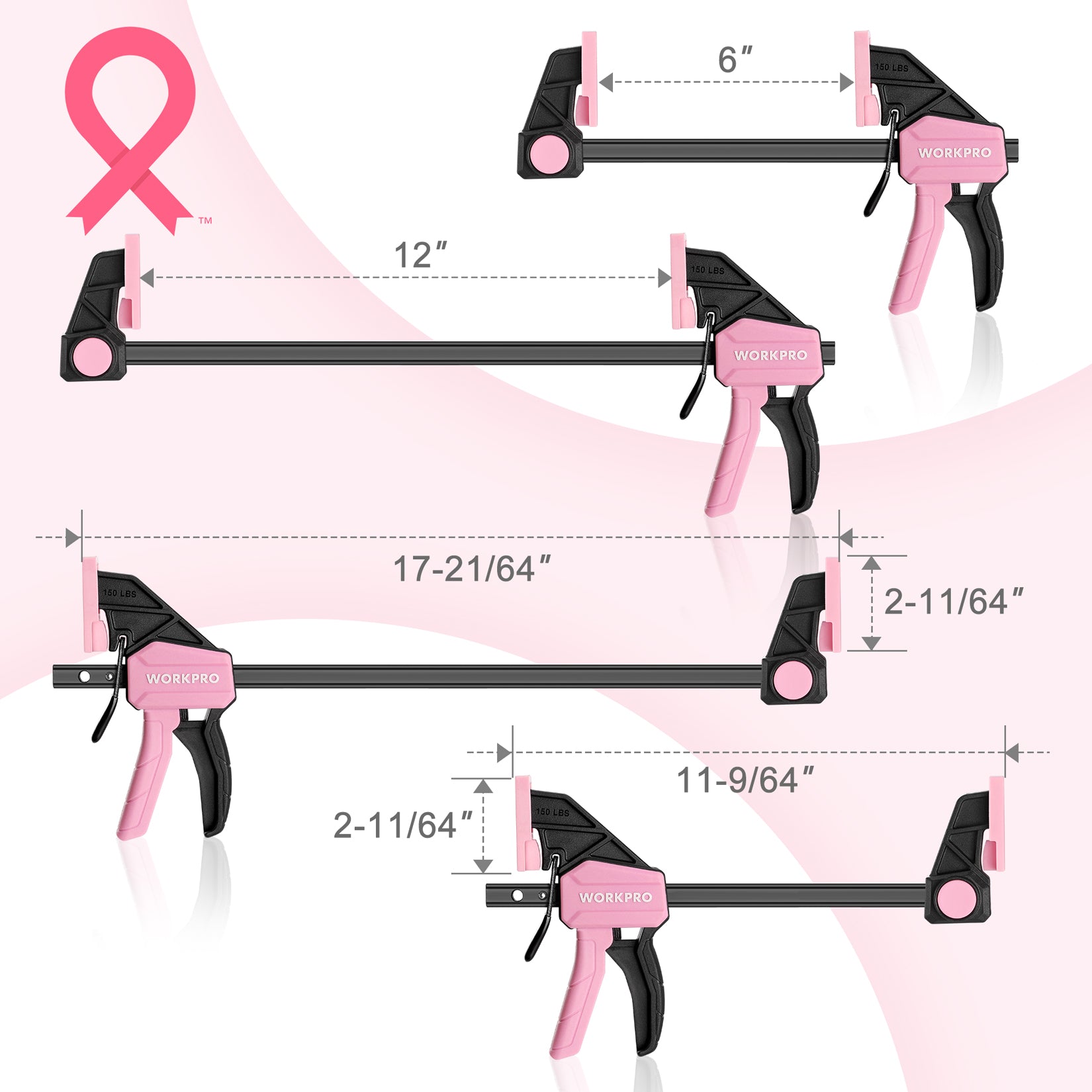 Pink and black bar clamps showing 6 in and 12 in sizes for woodworking