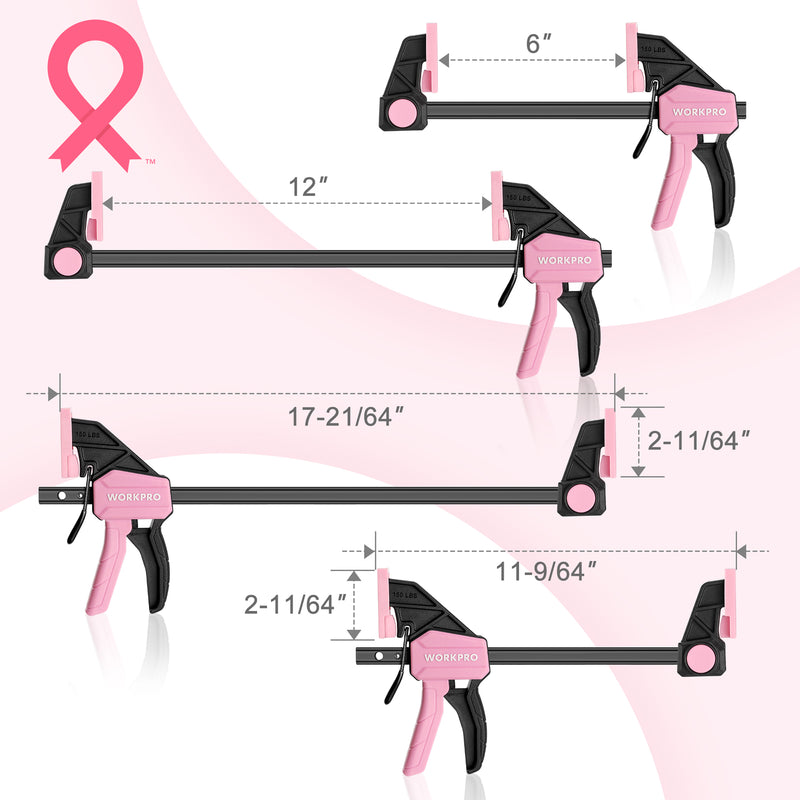 WORKPRO 6-Pack Bar Clamps for Woodworking, 4PC 6" & 2PC 12" Wood Clamp Set with 150 lbs Load Limit - Pink Ribbon