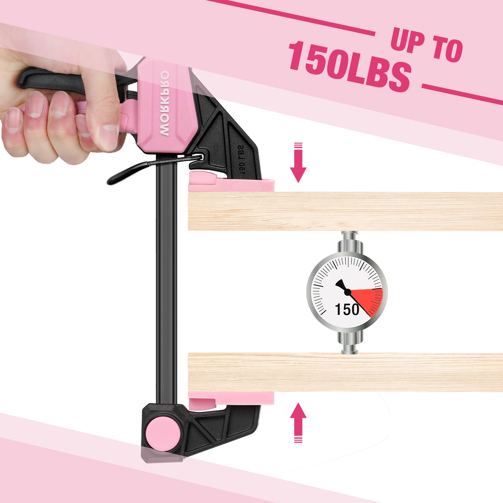 Pink bar clamp securing a wooden board with up to 150 lb load capacity
