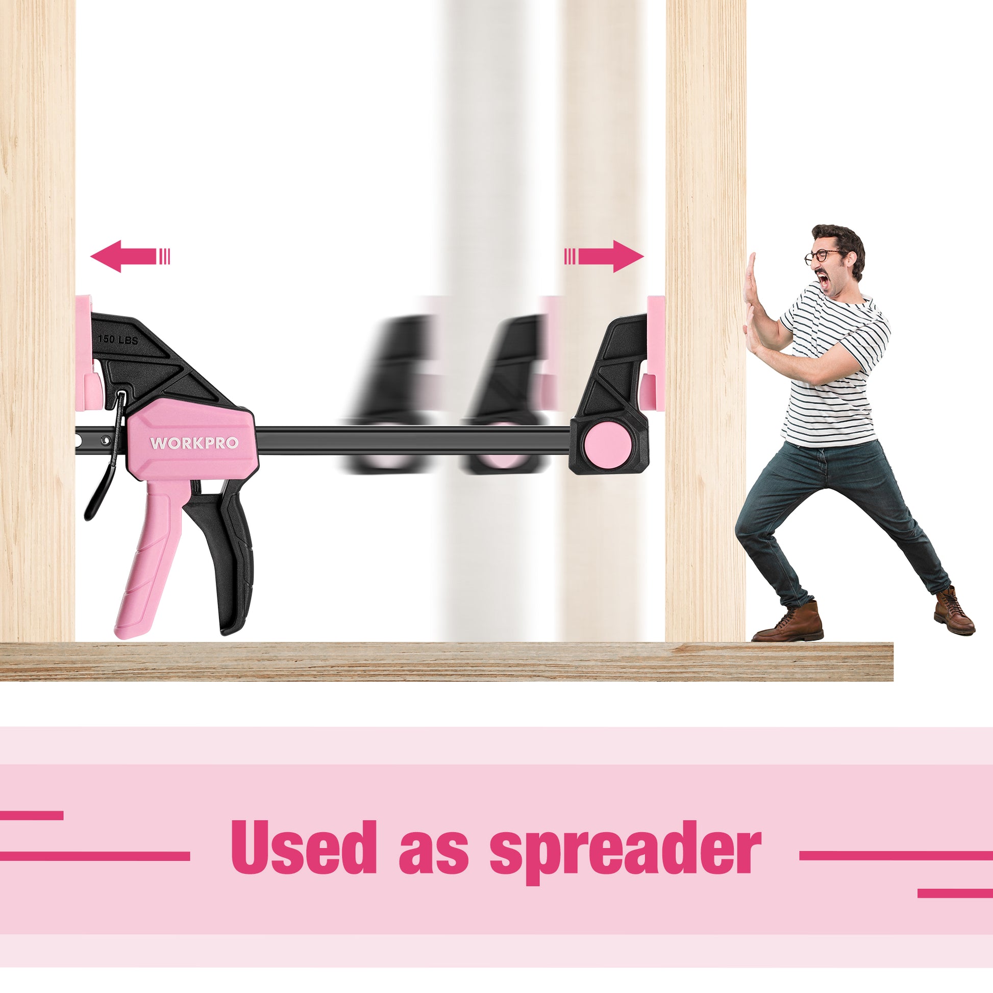 Pink and black bar clamp spreading boards with compact quick-release handle