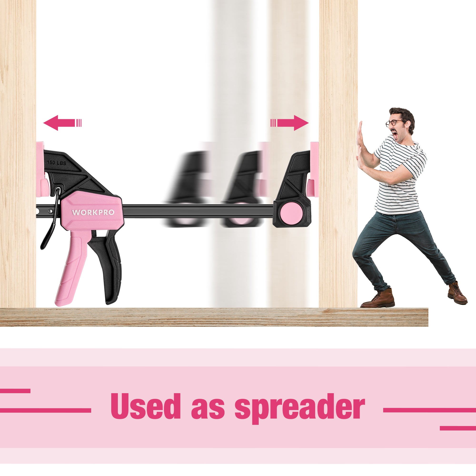 Pink and black bar clamp spreading boards with compact quick-release handle