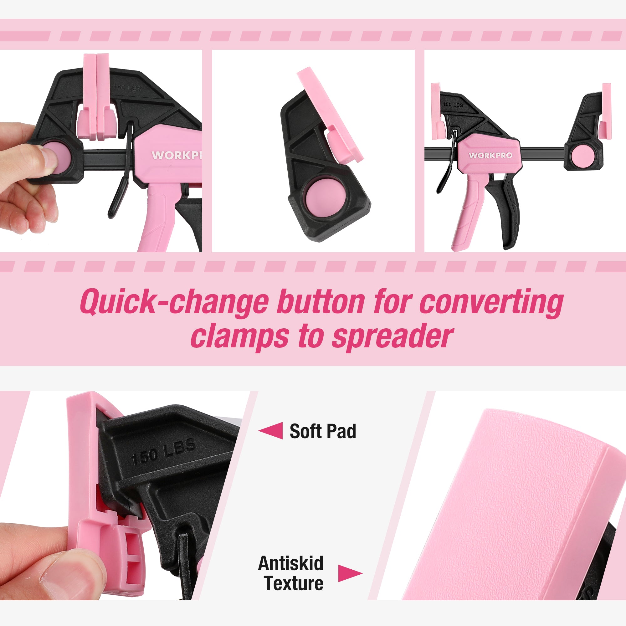 Pink and black bar clamp with quick-change button and anti-slip soft pad
