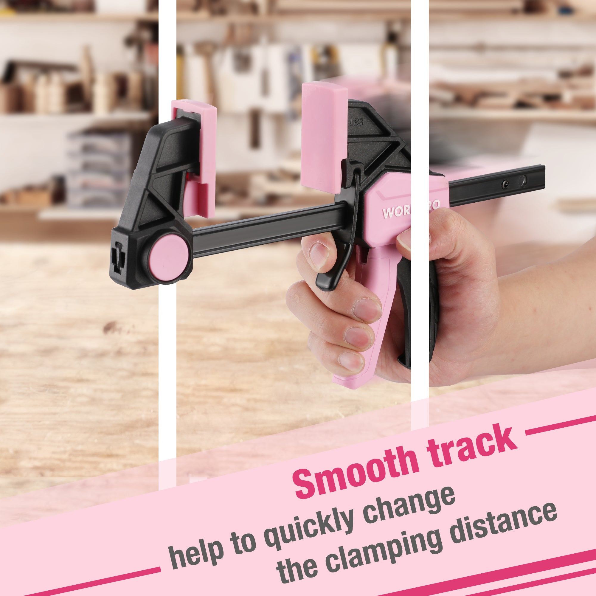 Pink and black bar clamp hand-adjusted on wood with smooth track travel