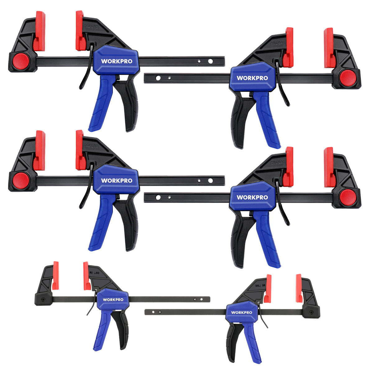 WORKPRO Mini Bar Clamps for Woodworking, 6PC One-Handed Spreader/Bar Clamp, 6-Inch (4) Light-Duty Quick-Change Wood Clamps Set and 6-Inch (2) Mini F Clamp, 150 lbs&50 lbs