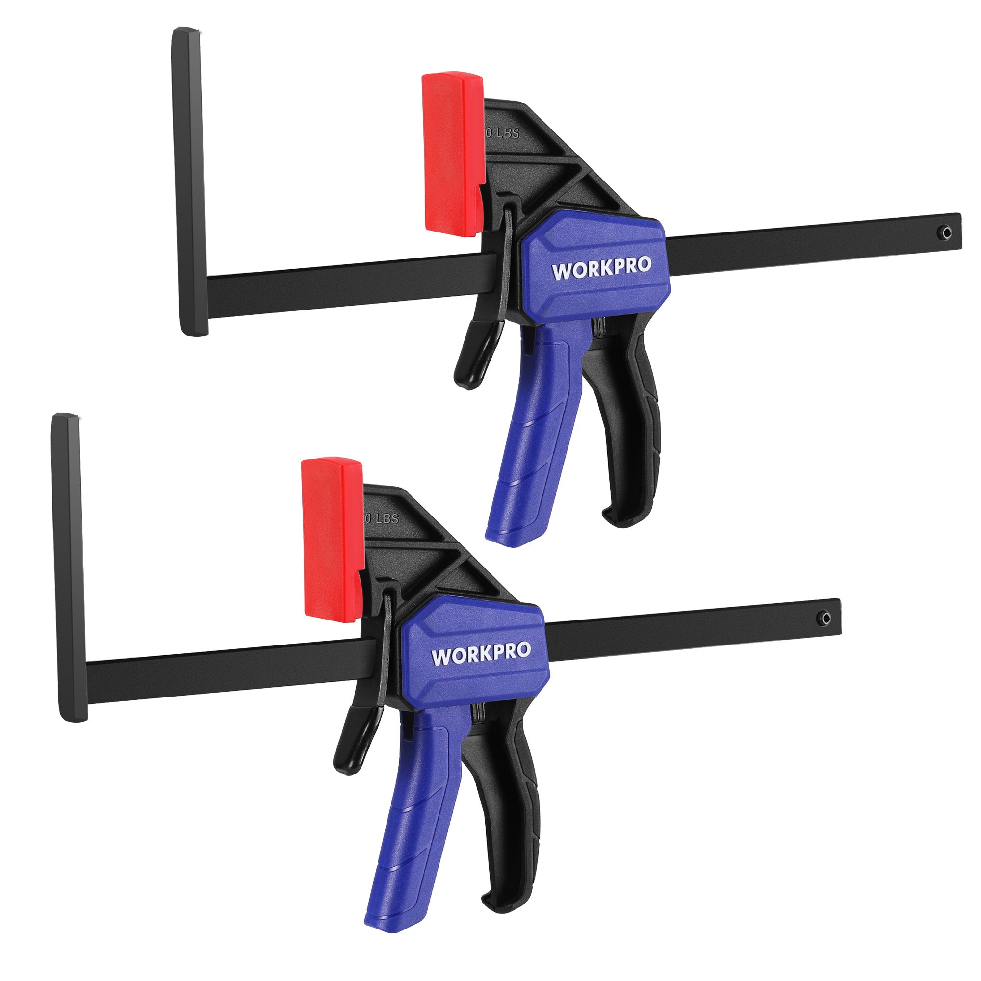 WORKPRO 9 inch track saw clamps in blue and black with quick release for secure, durable woodworking