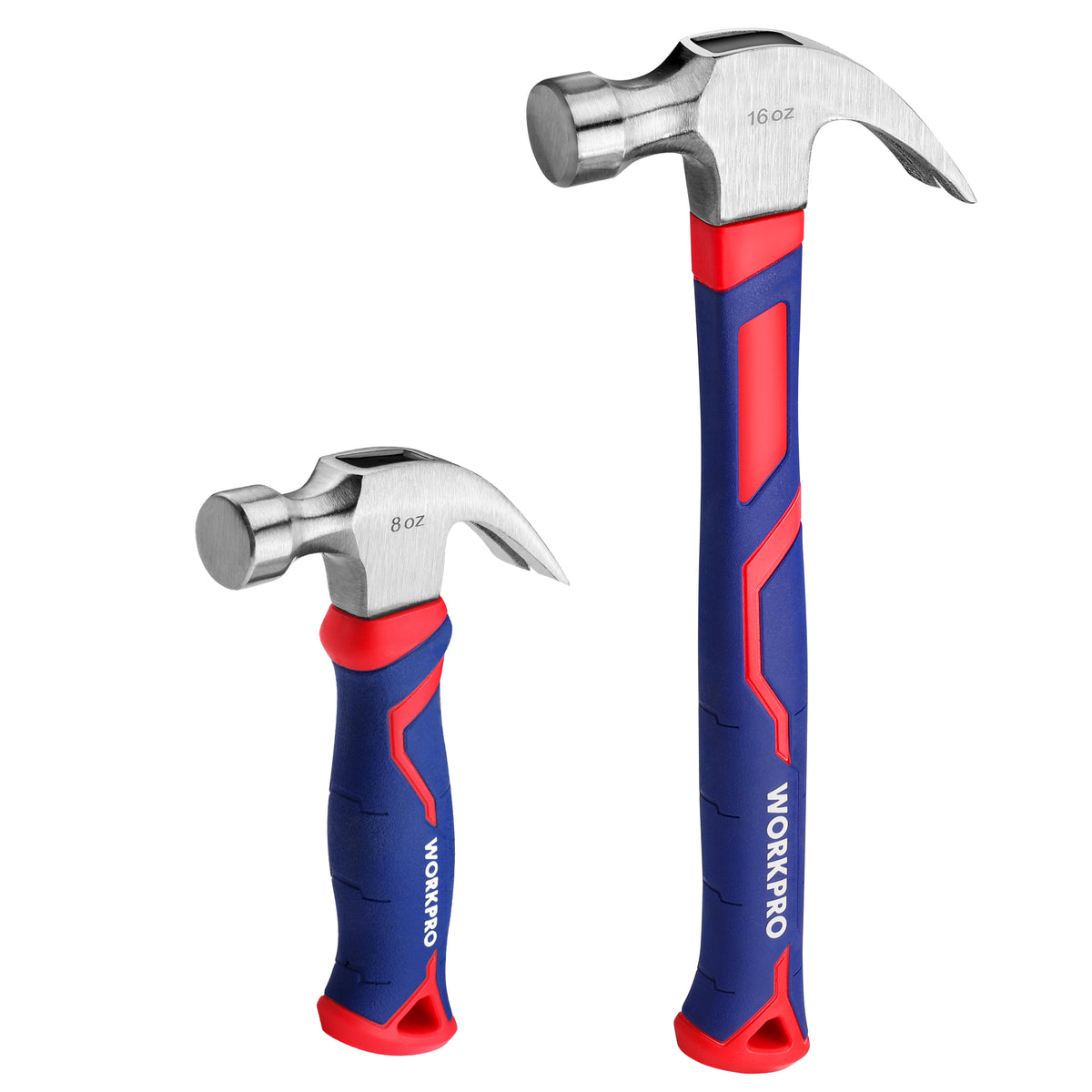 WORKPRO 2-Piece Claw Hammer Set with innovation and quality, durable fiberglass handles in blue and red