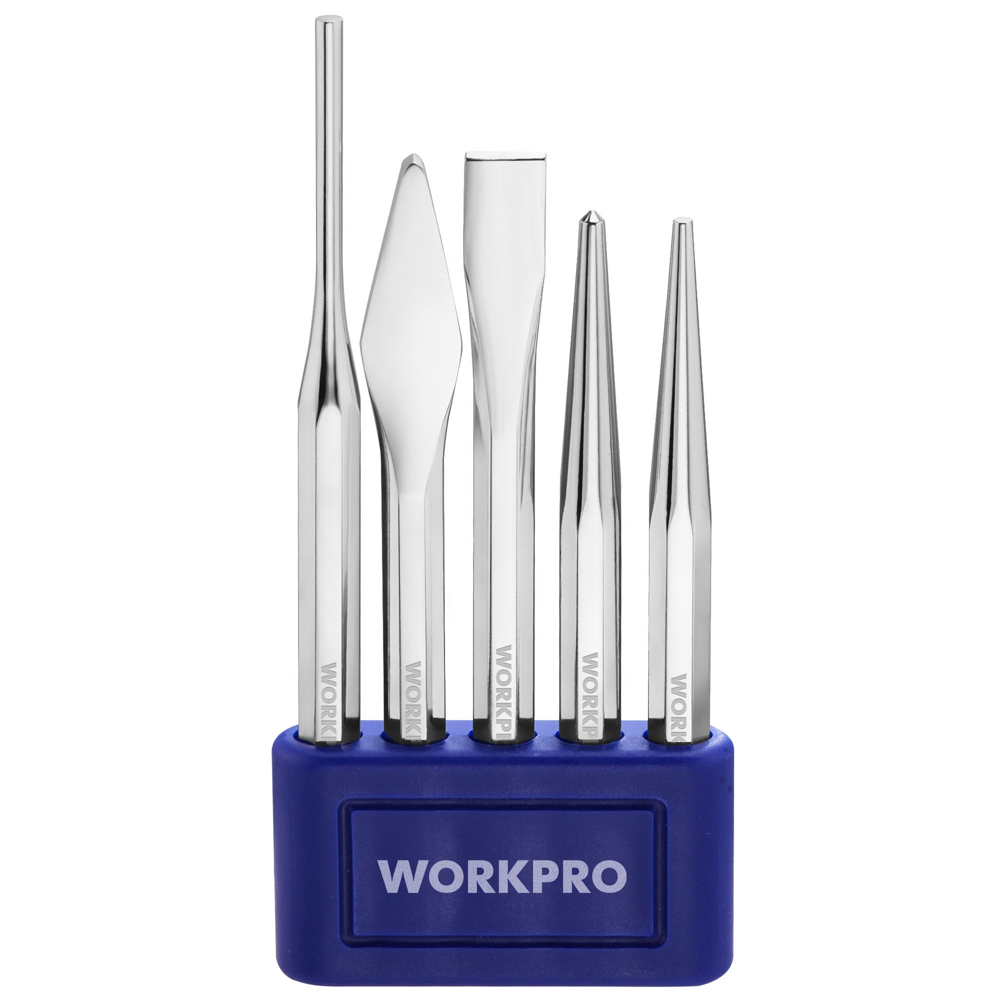 WORKPRO 5-Piece Punch and Chisel Set with storage tray, innovation quality and durable forged Cr-V steel
