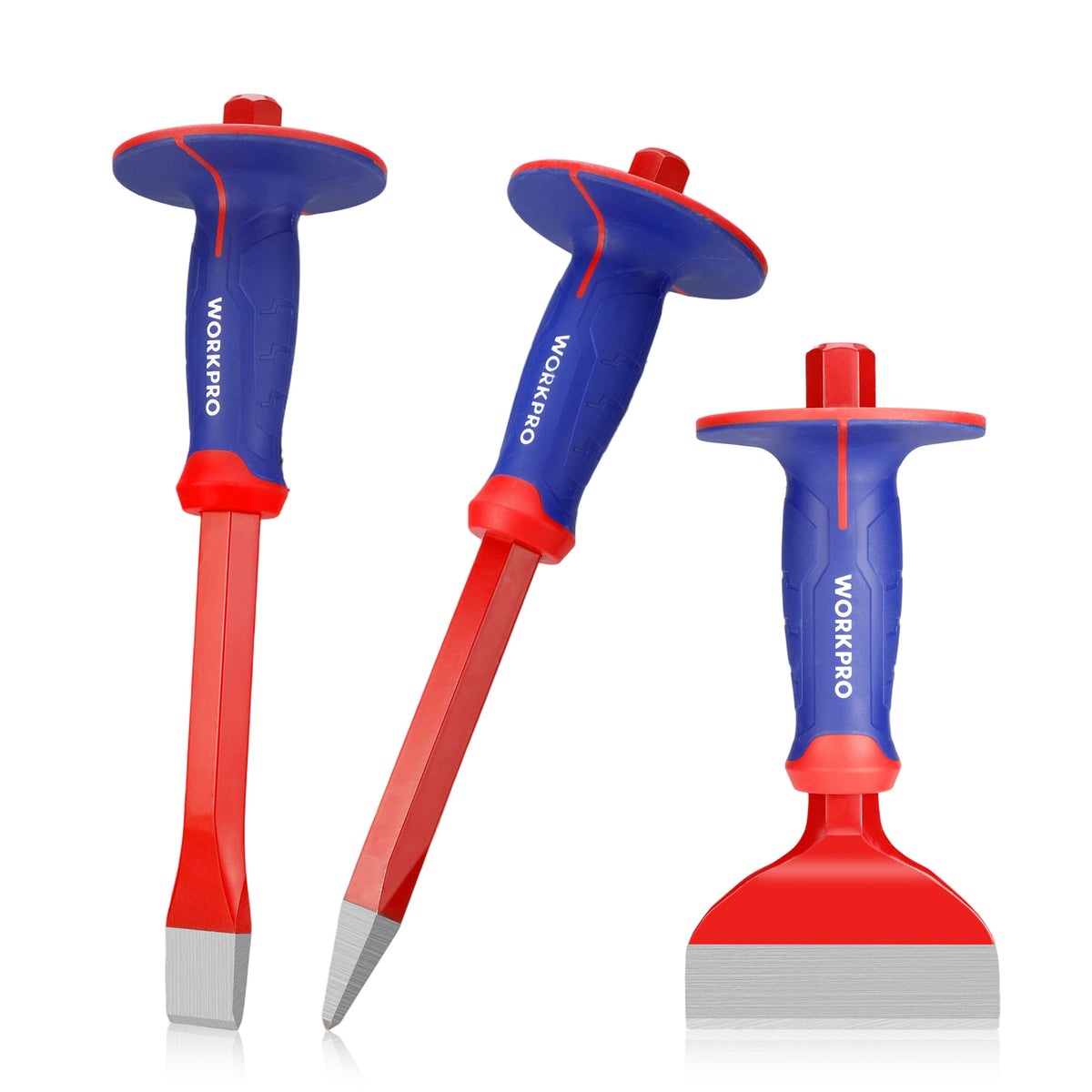Workpro masonry chisel set in blue and red with 60Cr-V alloy steel and point, flat, and brick chisels.