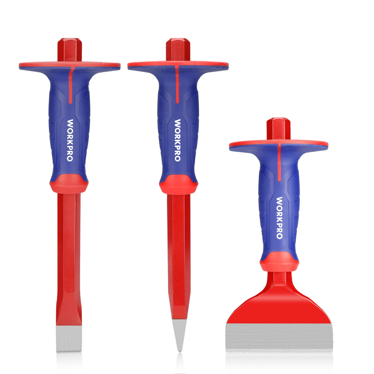 Workpro masonry chisel set in blue and red with 60Cr-V alloy steel for brick and mortar removal