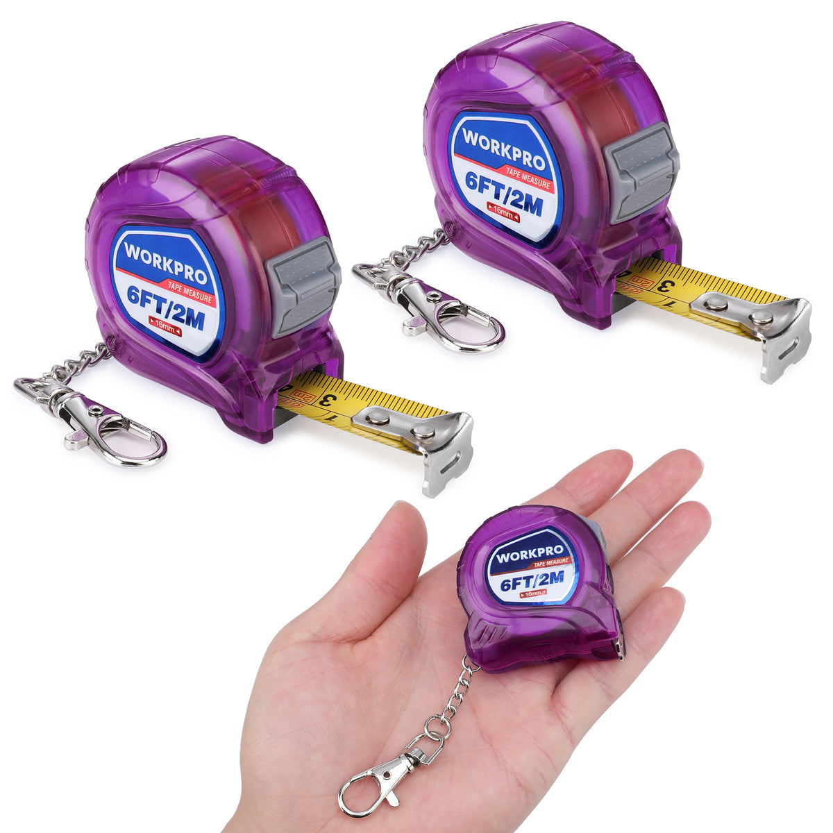 WORKPRO Keychain Tape Measure, 6FT Retractable Easy Reading mini Tape Measurement, Inch/Metric Scale Pocket Size Small Tape Measure for Engineer, Lightweight, ABS Protective Casing, 2 Pcs, Purple