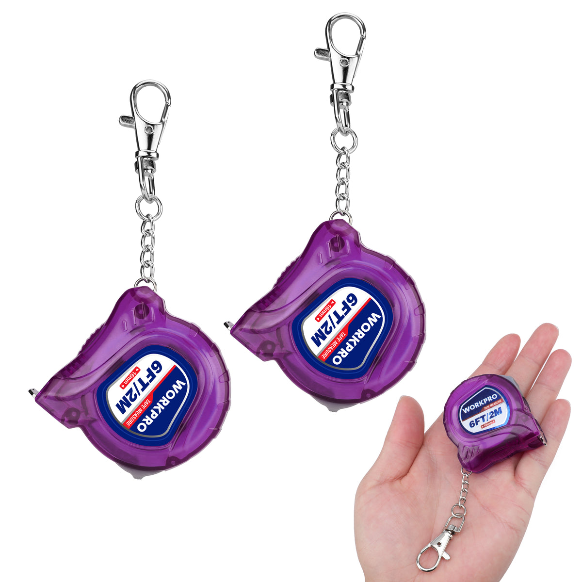 WORKPRO Keychain Tape Measure, 6FT Retractable Easy Reading mini Tape Measurement, Inch/Metric Scale Pocket Size Small Tape Measure for Engineer, Lightweight, ABS Protective Casing, 2 Pcs, Purple
