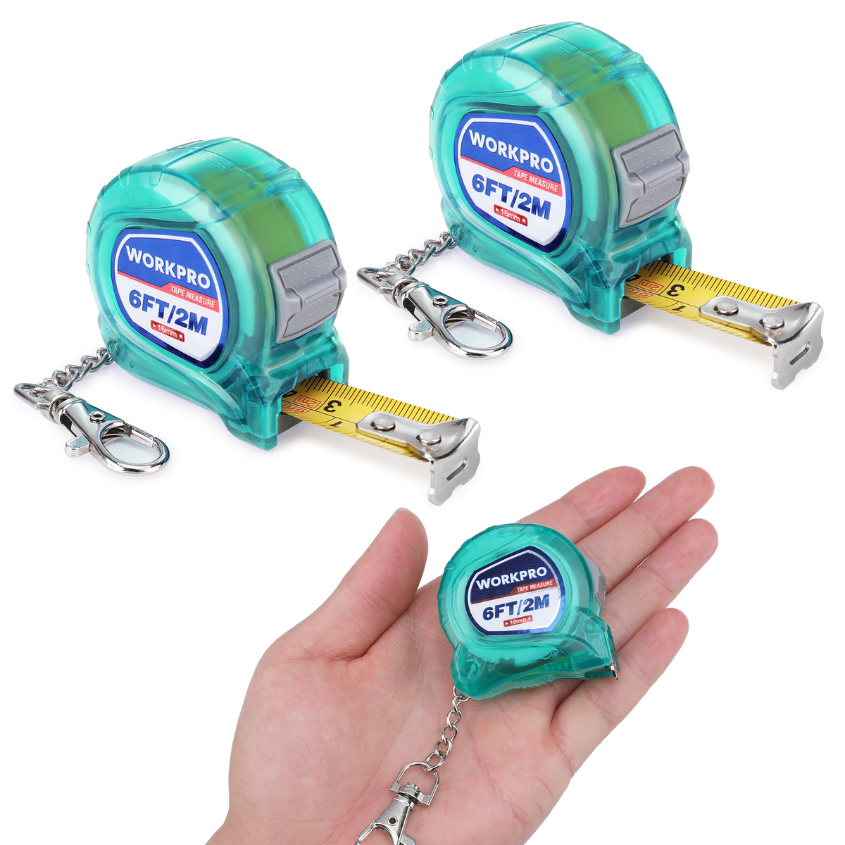 WORKPRO Mini Tape Measure, 2 Pcs 6FT Retractable Easy Reading Keychain Tape Measurement, Inch/Metric Scale Pocket Size Small Tape Measure for Engineer, Portable, ABS Protective Casing, Green