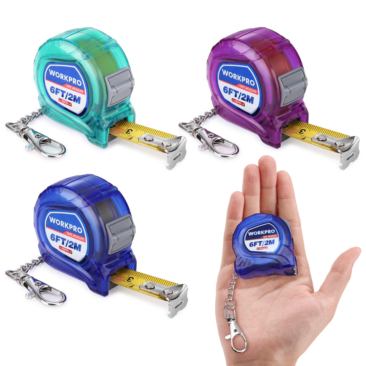 WORKPRO Keychain Tape Measure Set, 3 Pcs Inch/Metric Scale Easy Reading Mini Tape Measurement, 6FT Retractable Pocket Size Small Tape Measure for Engineer, Lightweight, ABS Protective Casing