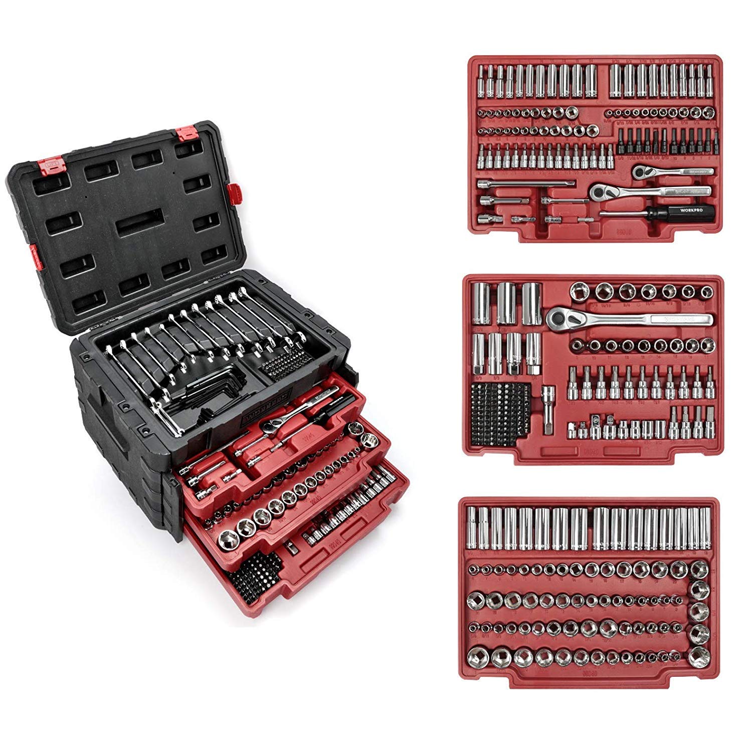 Mechanics tool set in a red-lined case with sockets, ratchet, and extensions