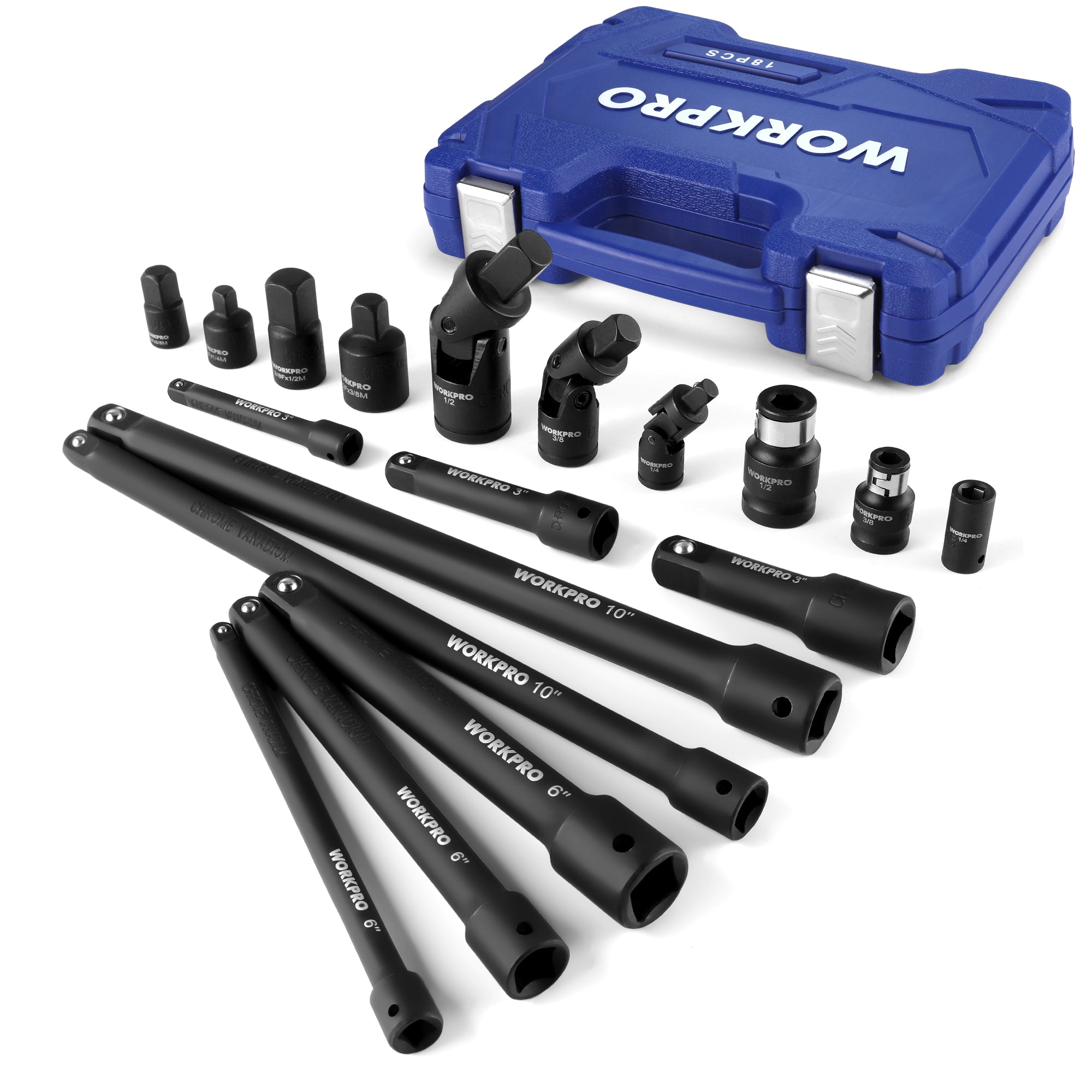 WORKPRO 18-piece drive tool accessory set with sockets, adapters, and extension bars