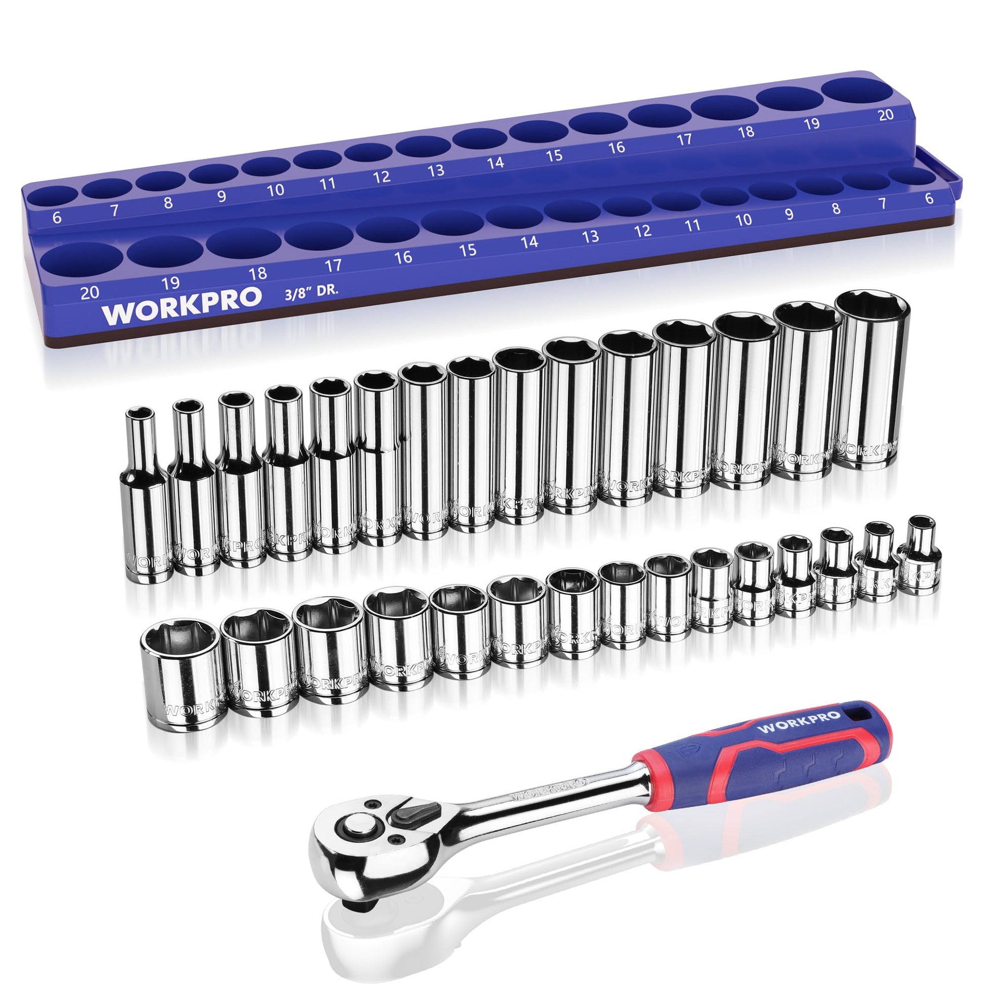 Chrome socket set with blue organizer and ratchet tool, all arranged in rows